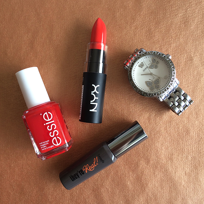 1) Essie Nail Polish In 'Lacquered Up', 2) NYX Matte Lipstick In Indie Flick, and 3) Benefit They're Real! Mascara