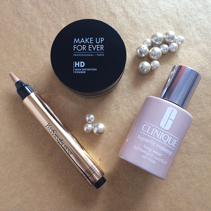 From Left To Right: 1) Yves Saint Laurent Touche Eclat Highlighter, 2) Make Up For Ever HD Powder, and 3) Clinique Superfit Foundation