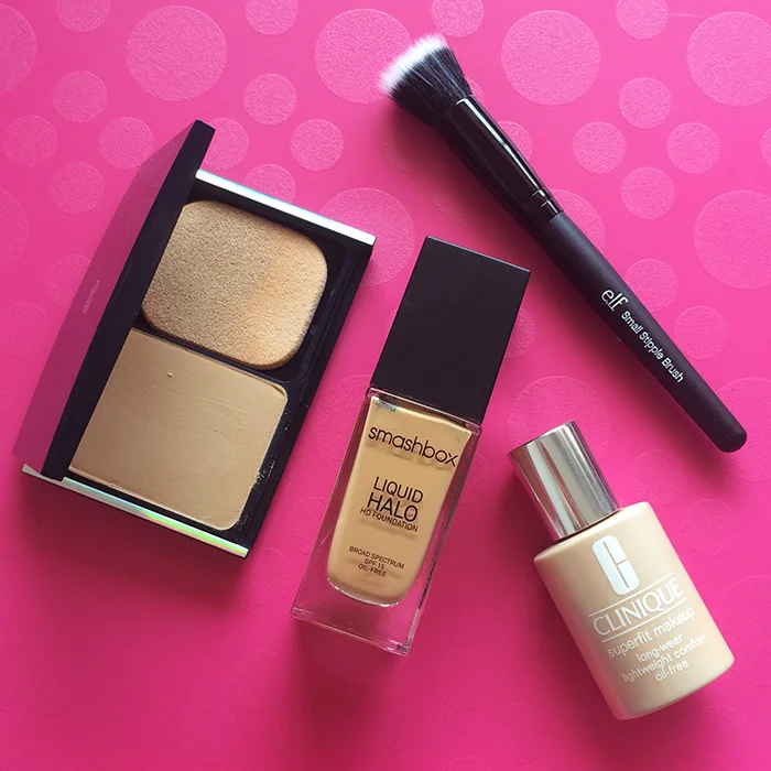 From Left To Right: 1) Chambor Brightening & Smoothening Foundation, 2) Smashbox Liquid Halo HD Foundation, 3) Clinique Superfit Foundation, and 4) e.l.f. Cosmetics Small Stipple Brush