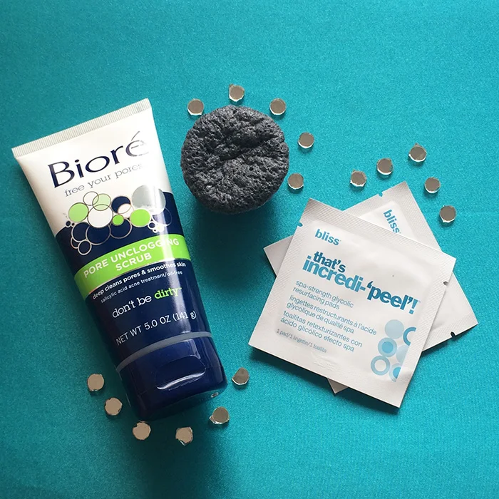 From Left To Right: 1) Biore Pore Unclogging Scrub, 2) Boscia Konjac Cleansing Sponge With Bamboo Charcoal, and 3) Bliss That's Incredi-peel Spa-Strength Glycolic Resurfacing Pads
