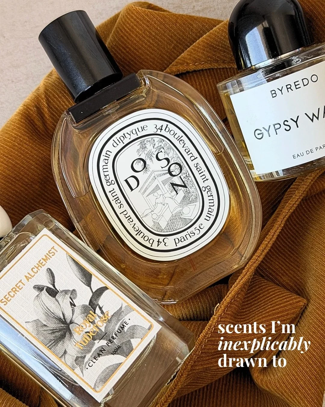 My scent lineup is locked! Save this and drop your must-have fragrance in the comments //💌
&bull;&bull;&bull;
#fragrancecollection #scentoftheday 

[Byredo gypsy water, diptyque do son, Byredo perfume, diptyque perfume, secret alchemist perfume by s