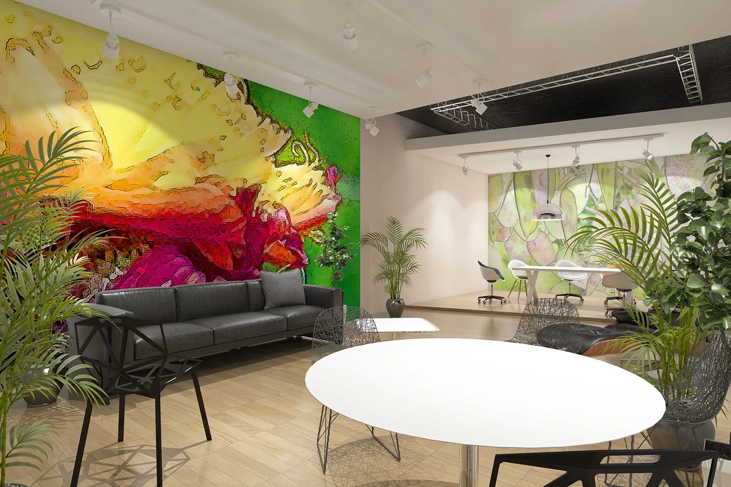 Open plan office space with mindfulness wall art mural for workplace wellbeing.jpg