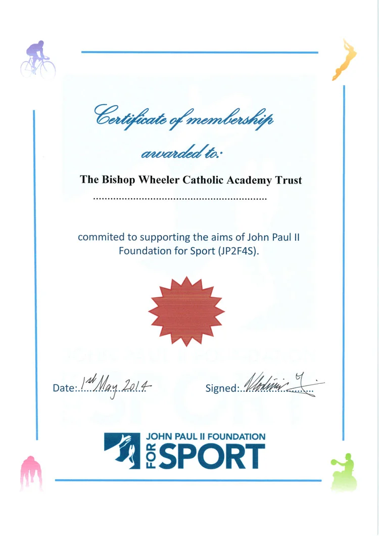 JP2F4S Certificate that was presented to the Bishop Wheeler Catholic Academy Trust, 1 May 2014