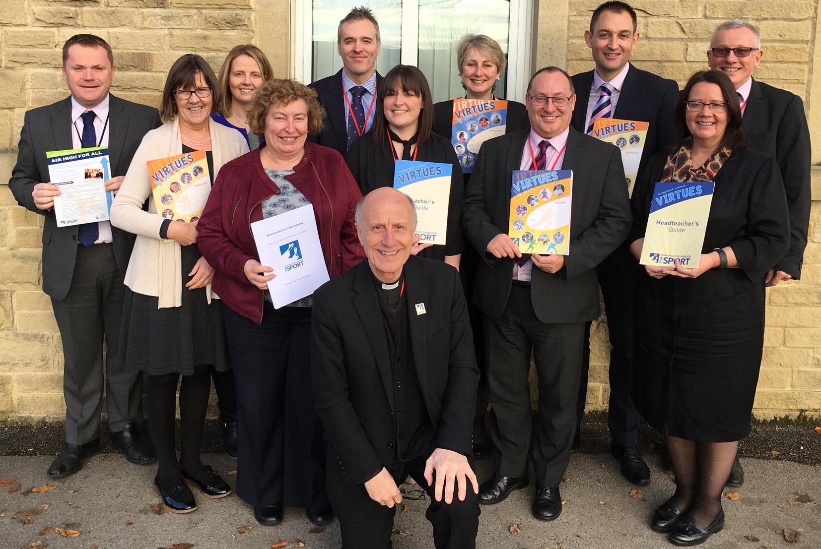 Photo: Fr Vladimir Felzmann, JP2F4S CEO with school leaders from across our Trust, at the launch of the Aim High For All programme at St Stephen's, Skipton