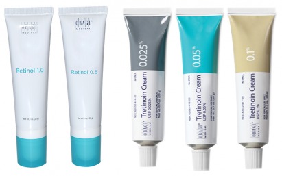 Prescription strength topical creams to reduce wrinkles and increase collagen production. Tretinoin is available in 0.025%, 0.05% and 0.1%. Retinol is available in 0.5% and 1.0%.