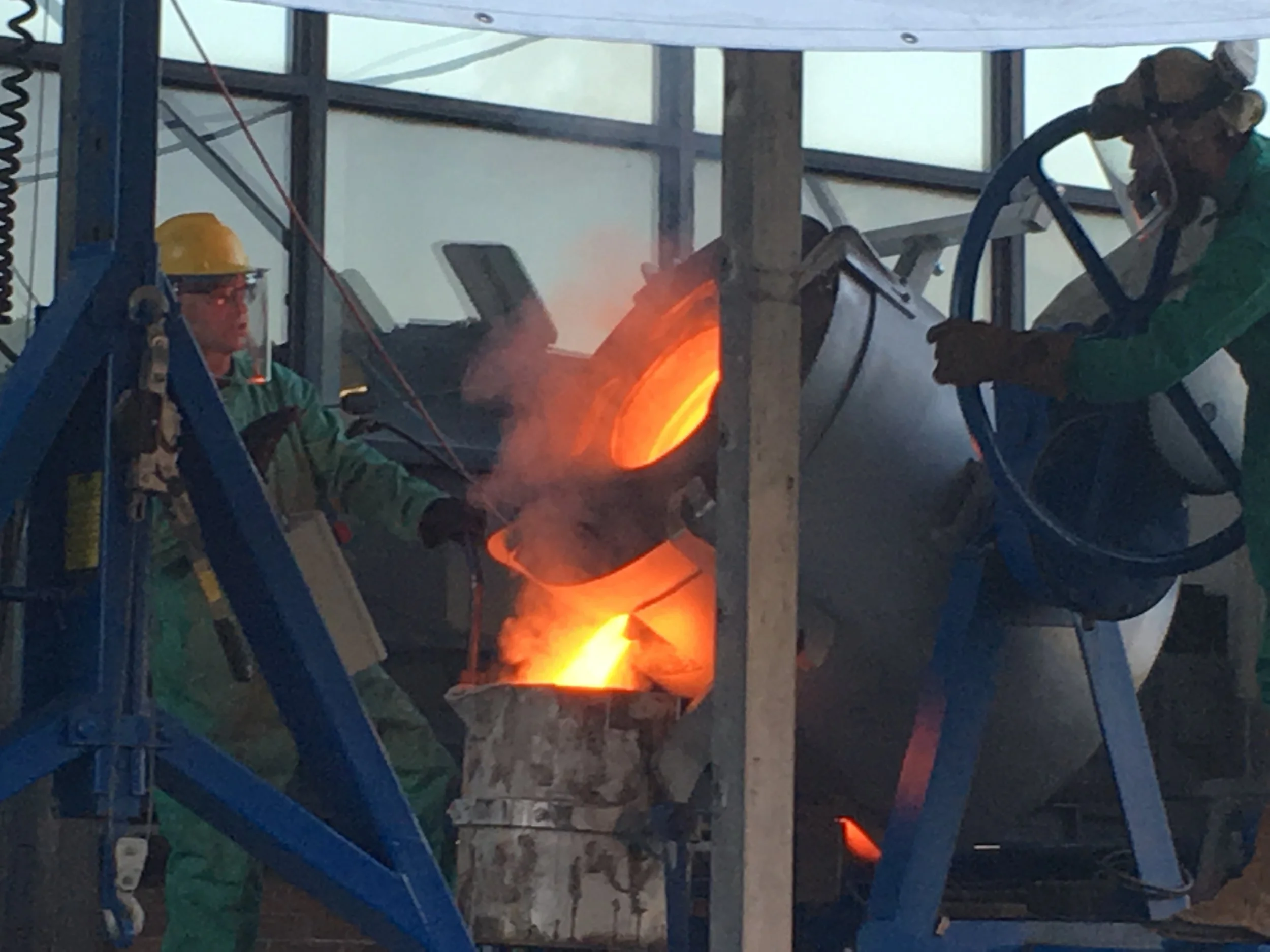 The bronze reaches 2000 degrees F and is ready to be cast into a new bell.
