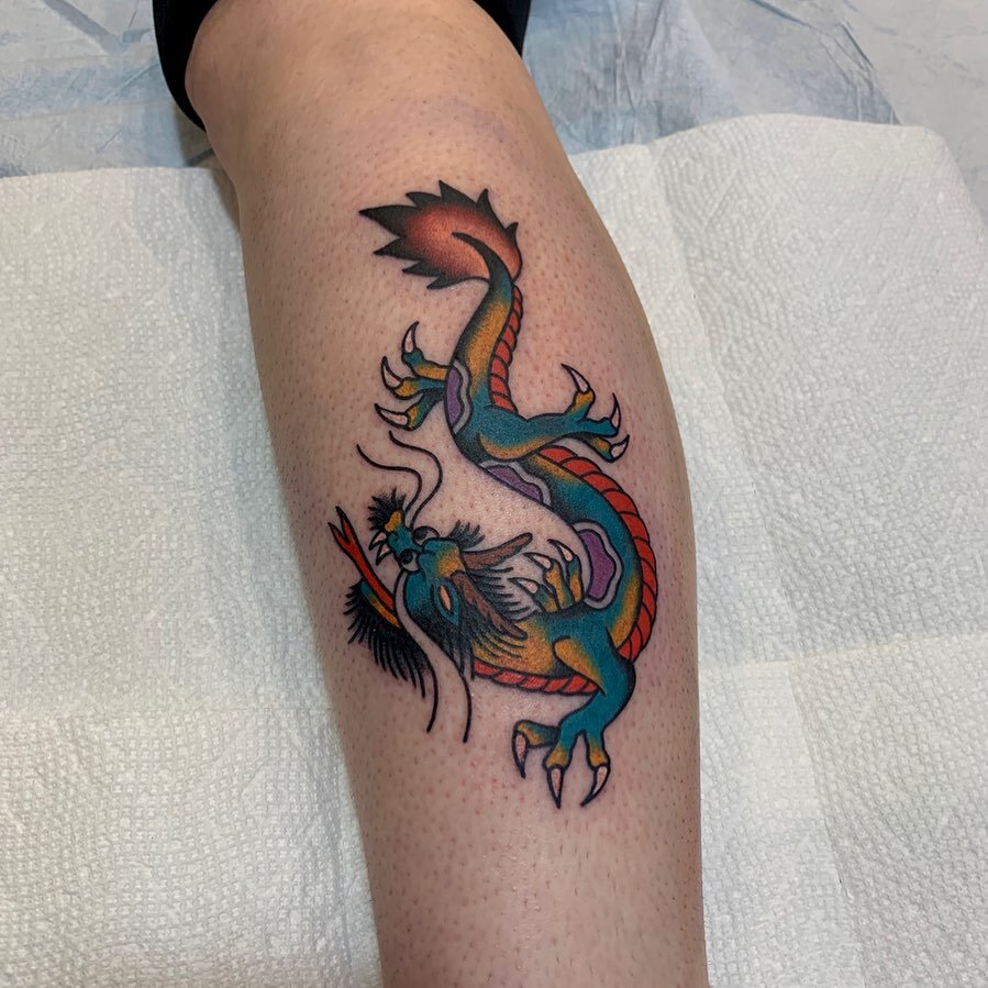 Stoked to do this dragon for Kaylee, thank you! I have lots of time available in March &amp; plenty of designs I&rsquo;d love to tattoo. DM or email for any inquiries ✌️