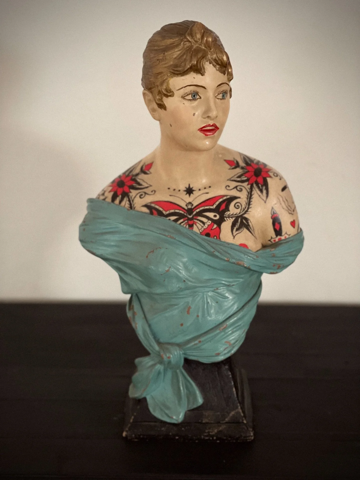 This is an antique bust that I&rsquo;ve had for some time and finally got around to painting tattoo designs on. It&rsquo;s always intimidating to work with new materials and mediums, so it too me longer than intended to get started, but once I did it