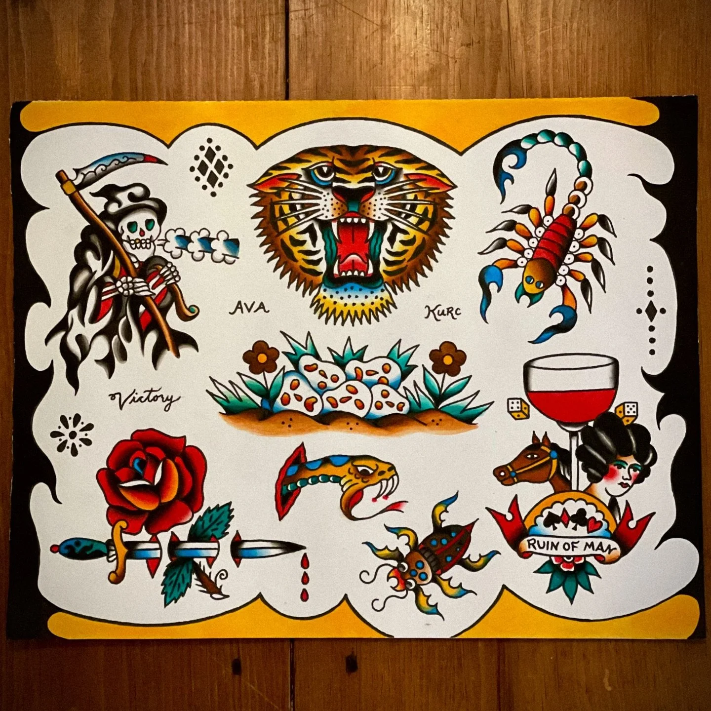 A split sheet with my good pal and shop mate @tattoosbyava. Last slide shows my designs circled in red. Dm me if you&rsquo;d like to get one in tattoo form. Available as shown with colour, or without.