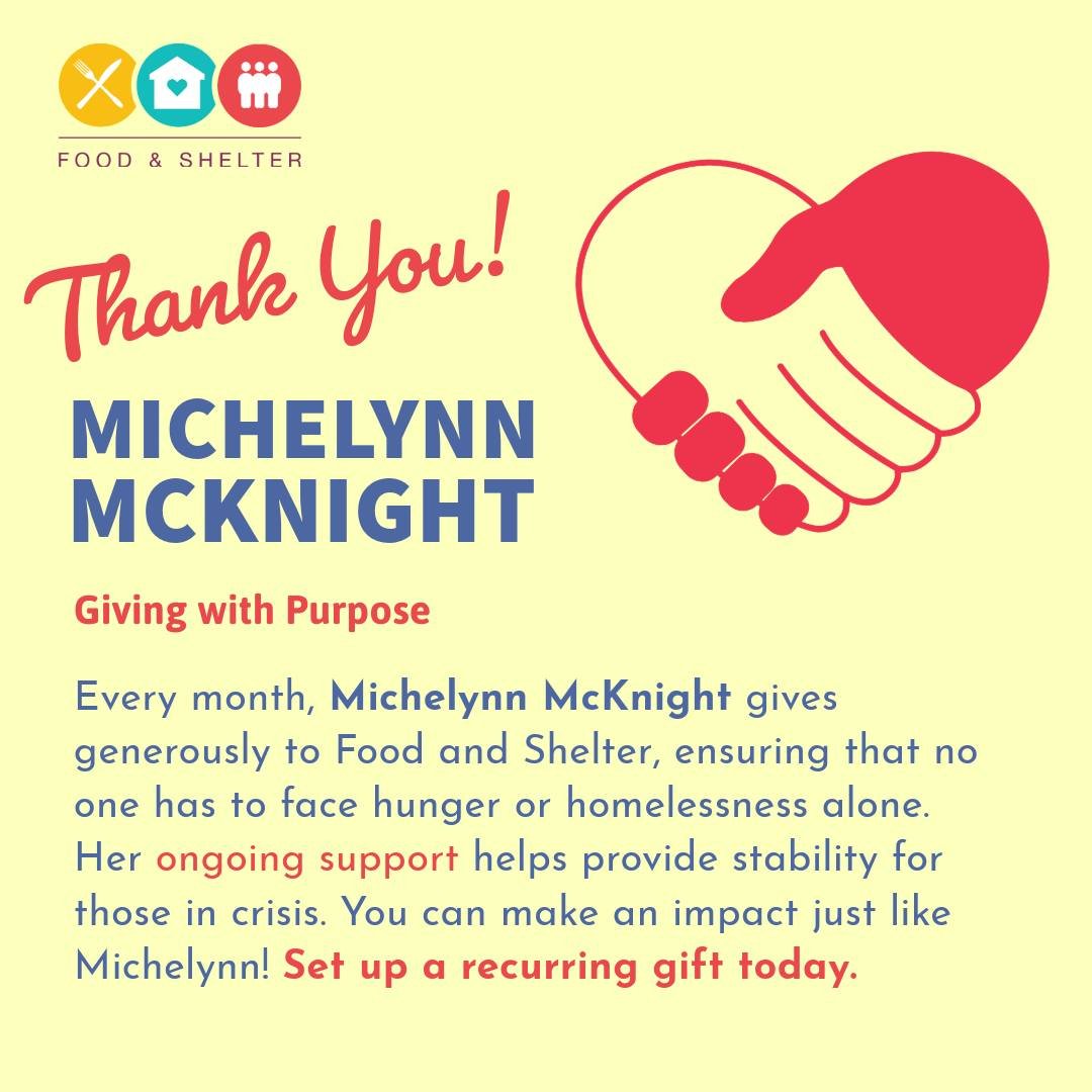 It's time for another #DonorSpotlight! 🤩🥳 Monthly giving is an excellent way YOU can make a difference in your community, and we are so grateful for donors like Michelynn who generously give to Food and Shelter! 🥰☀️ 

Every month, Michelynn McKnig