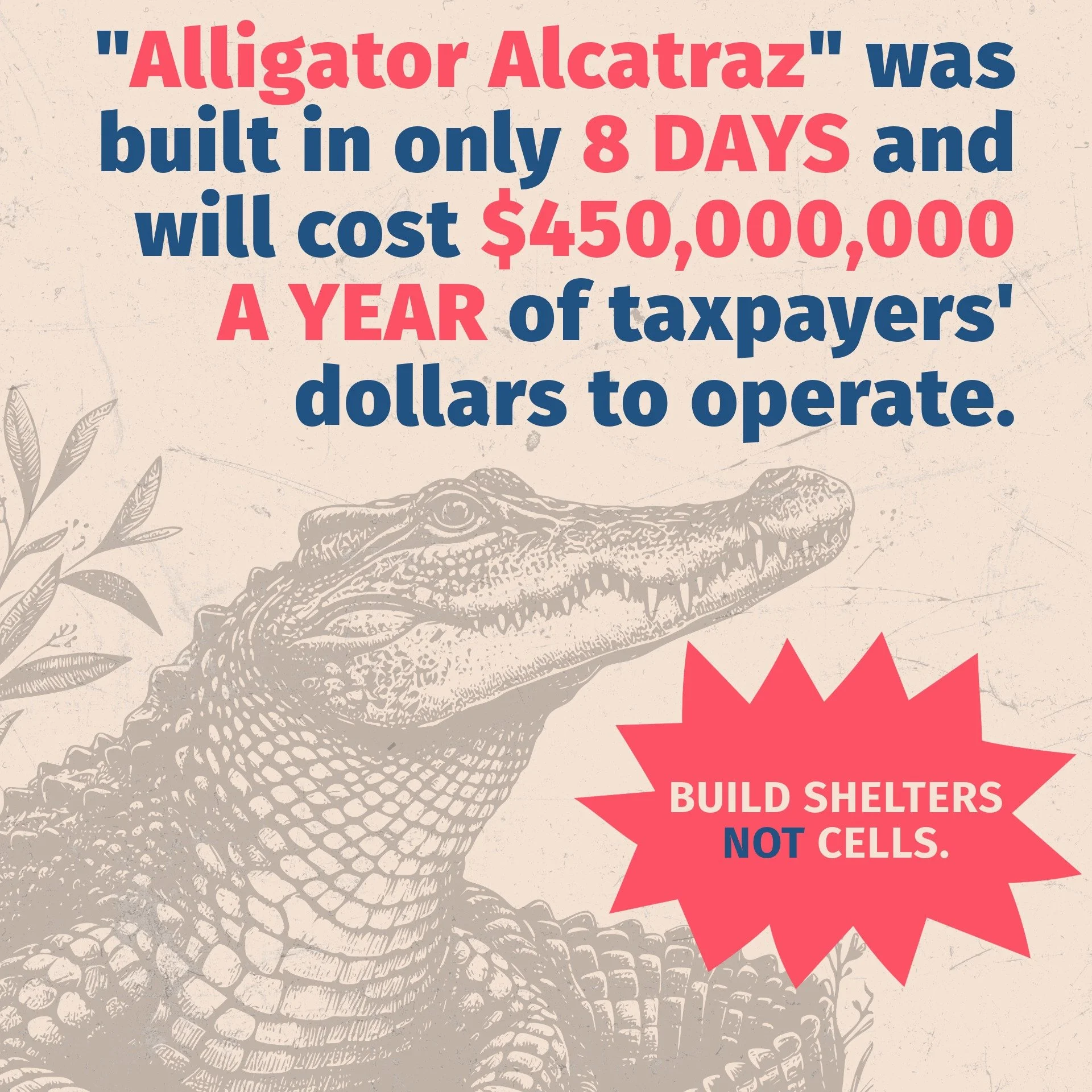 &quot;Alligator Alcatraz&quot; was built in only 8 days and will cost $450,000,000 a YEAR of taxpayers' dollars to operate. We need to build shelters. Not cells. Housing, not handcuffs. It's not a matter of resources, it's a matter of priorities. We 