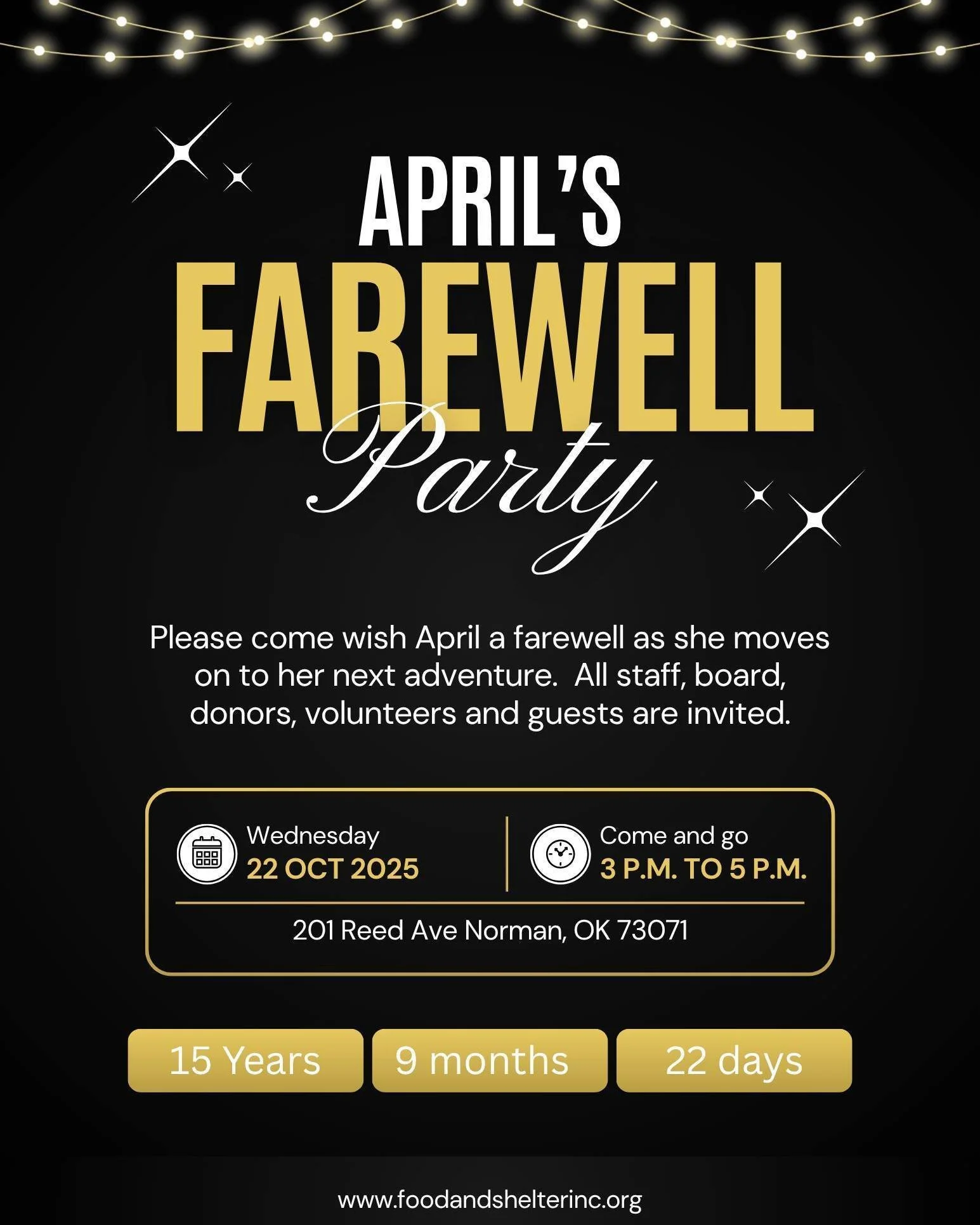 October 22nd is the last day of our Executive Director, April Doshier. After nearly 16 years, she is taking a job out of state and starting a new adventure. Please join us at a come-and-go reception on Wednesday, October 22nd, from 3 p.m. to 5 p.m. a