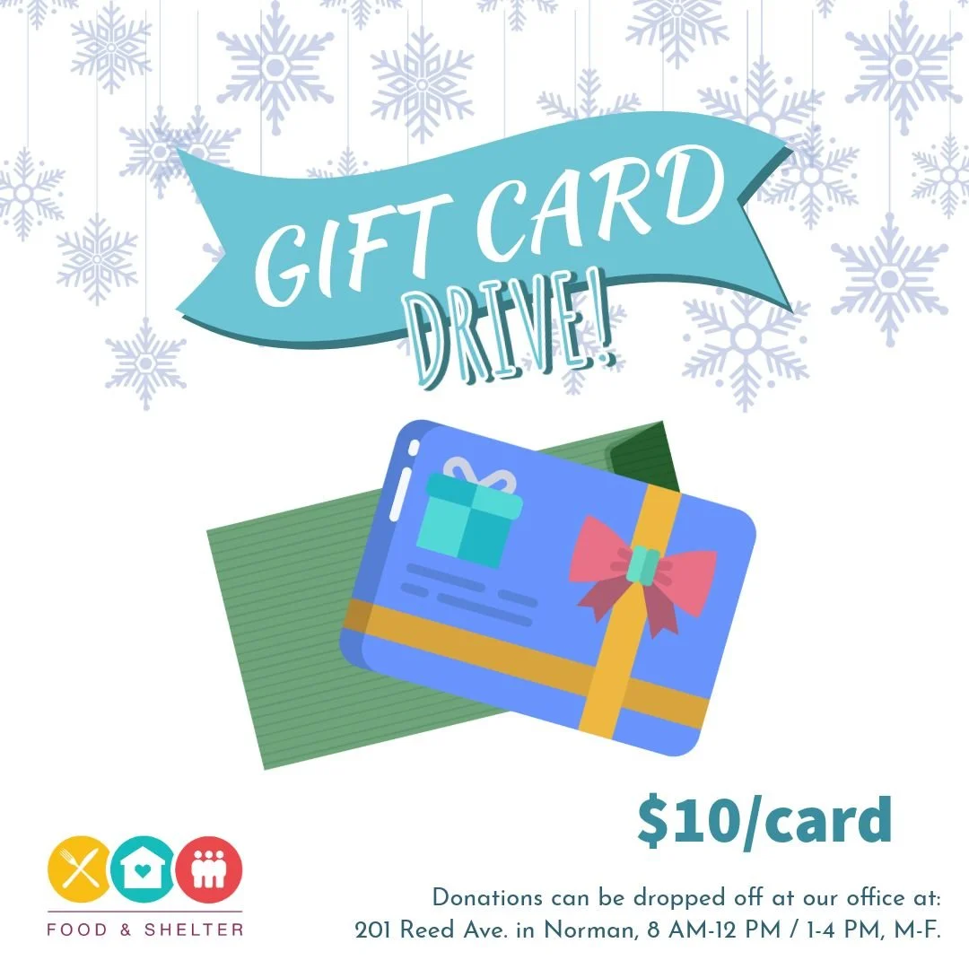 This Holiday season, we're looking for some generous community members to donate to our Gift Card Drive! Purchase a $10 gift card from restaurants such as McDonald's, Subway, or Taco Bell, or donate $10 directly to Food and Shelter, and we will distr
