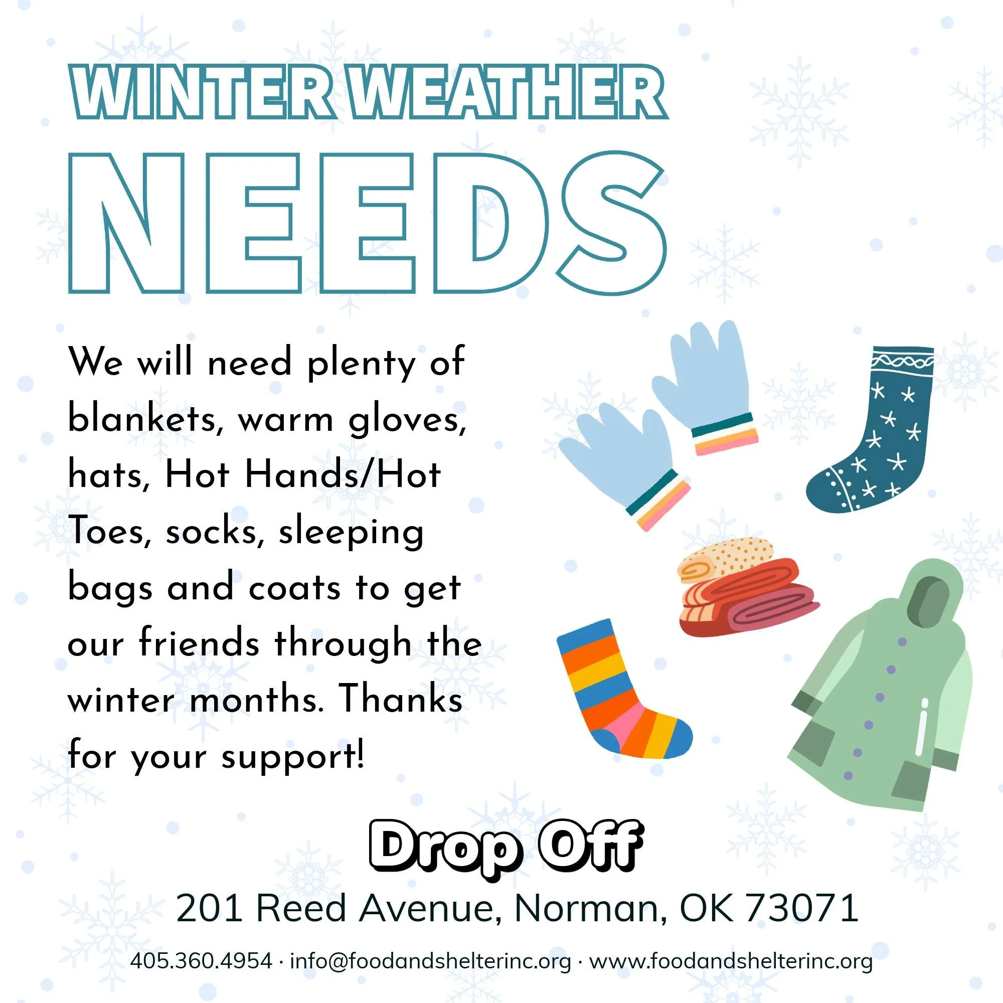 ❄️ COLD weather is HERE, and even colder weather is on the way. We need your help! 🌡 

Our friends and neighbors need extra help staying warm - would you please consider making a donation of any of the following? 💕🥰

- Gloves
- Hats
- Hot Hands/Ho