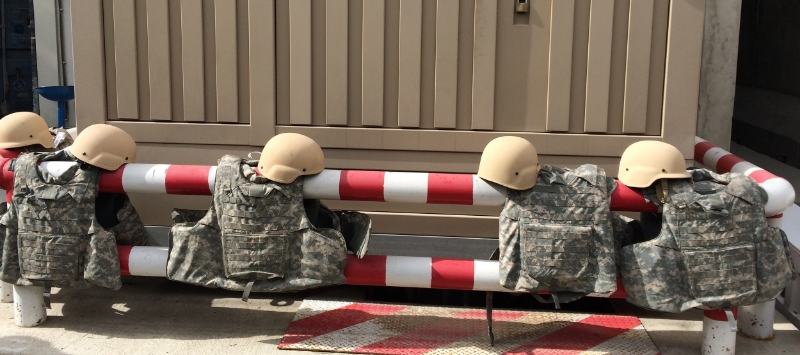 Flak jackets and helmets ready to go.