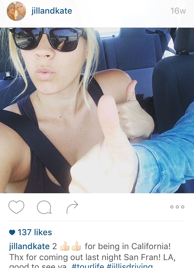 "2 thumbs up for being in California! Thx for coming out last night San Fran! LA, good to see ya. #tourlife #jillisdriving"