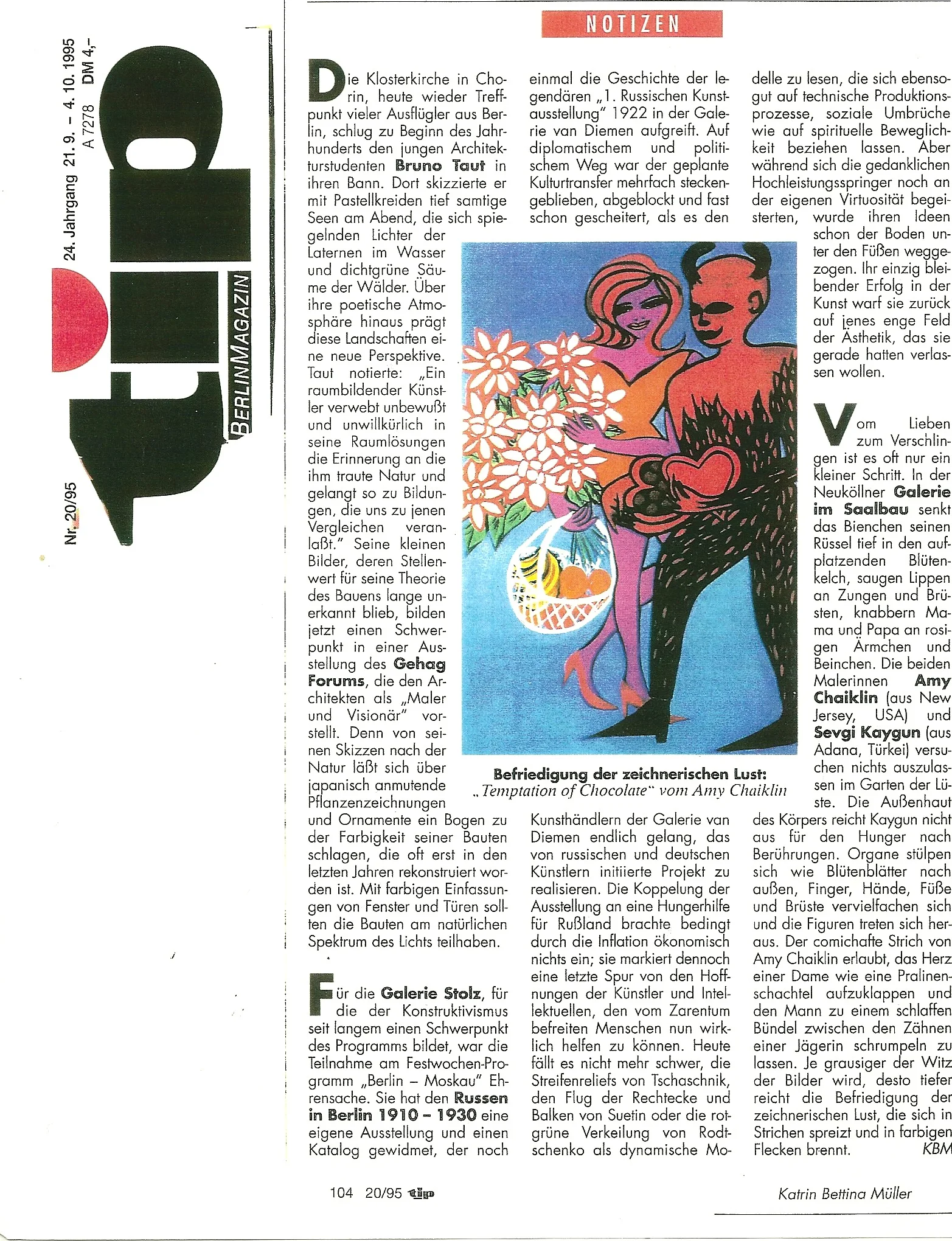 tip BerlinMagazin, exhibition review by Katrin Bettina Muller, with image of "Temptation of Chocolate", oil on canvas, 59 x 39 inches, 1993