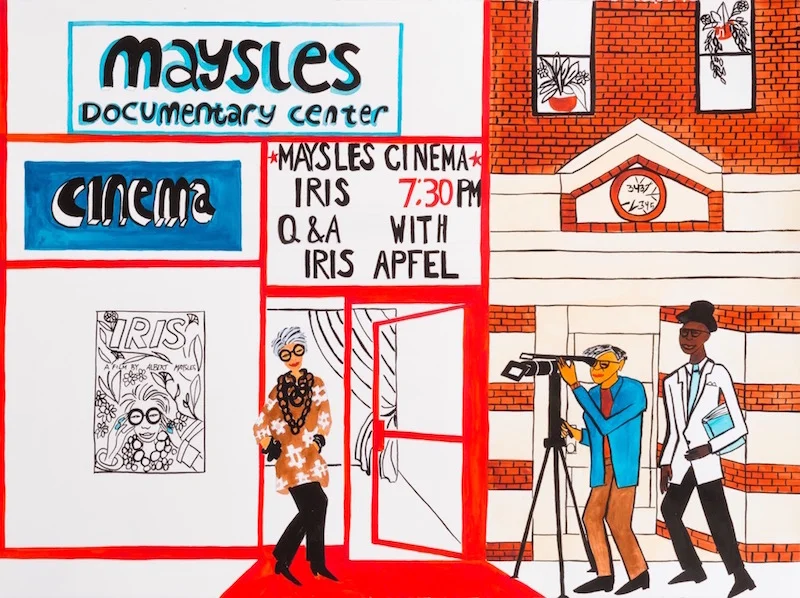 Iris Apfel at Maysles, ink on paper, 22 x 30 inches, 2015
