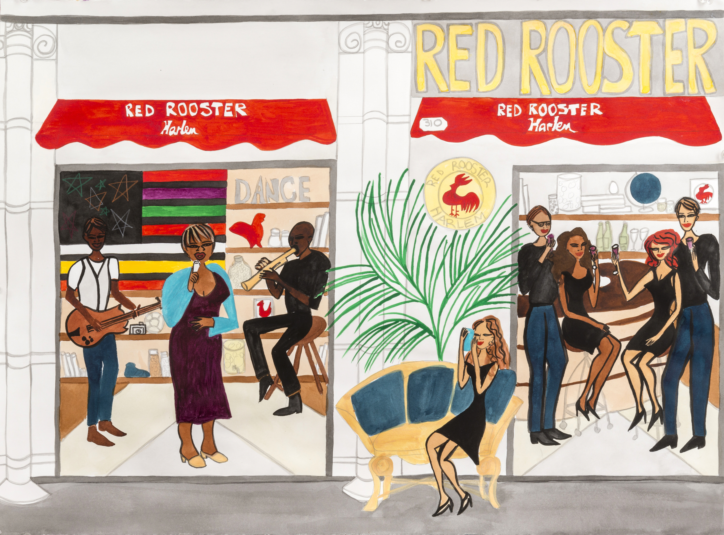 Red Rooster Jazz featuring Boncella Lewis, ink on paper, 22 x 30 inches, 2016