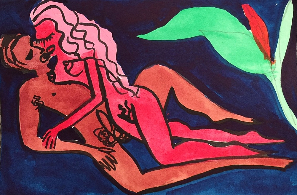 Karmasutra Postcard, ink on paper, 4 x 6 inches, 2016. Exhibited in POSTCARDS from the Edge, Visual Aids, Metro Pictures, NYC, January 13-15, 2017