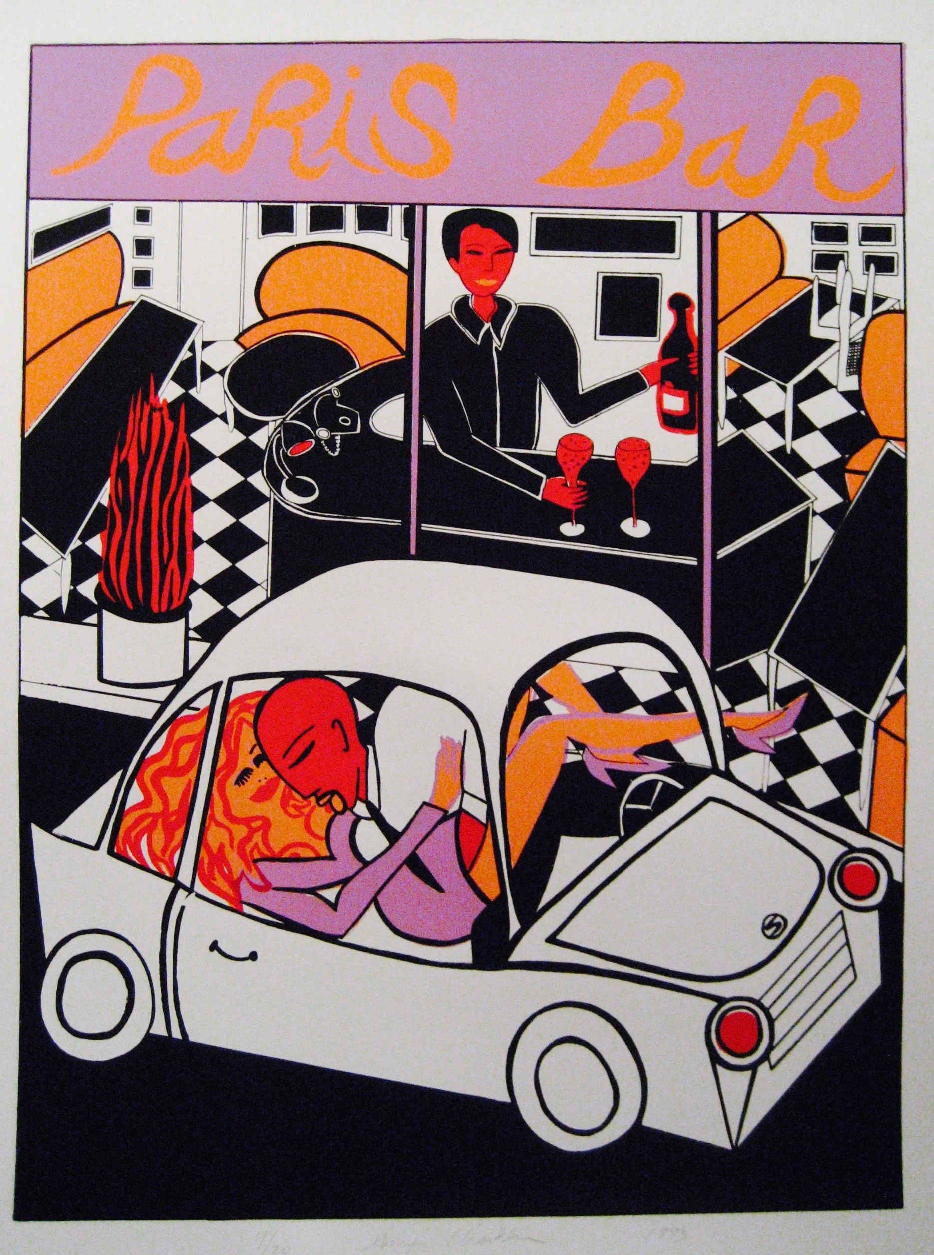 Paris Bar, silkscreen print, 39 x 27 inches, 1993. Exhibited in Hubert Schwarz - Druckgrafik, Usedomer Kunstverein e.v. im Kunstpavillon, Osteebad Heringsdorf, Germany, April 22 - May 21, 2017