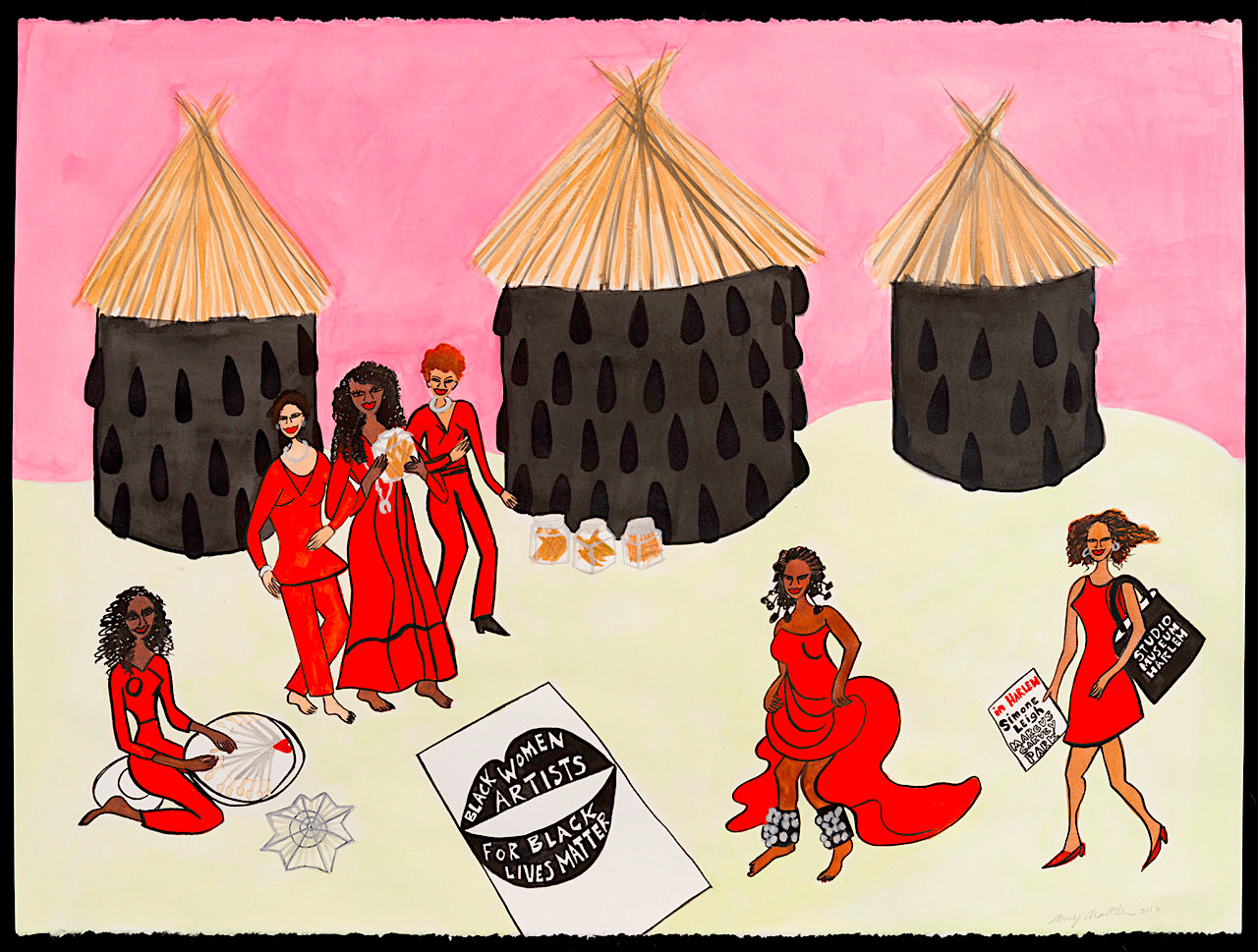 Simone Leigh 'in Harlem' and her community of women artists, ink on paper, 22 x 30 inches, 2017