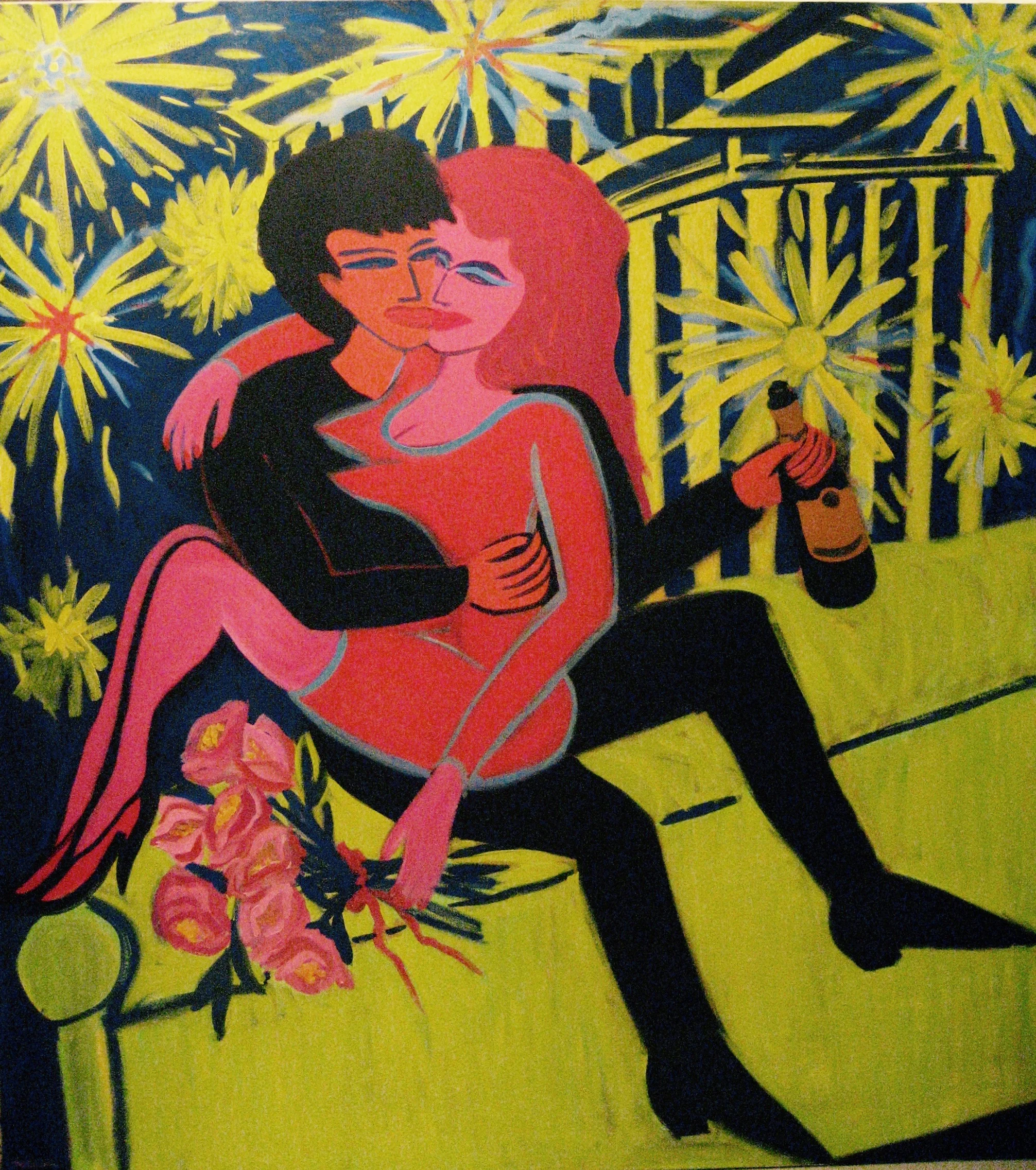 New Year's Eve on the Berlin Wall, oil on canvas, 72 x 66 inches, 1990