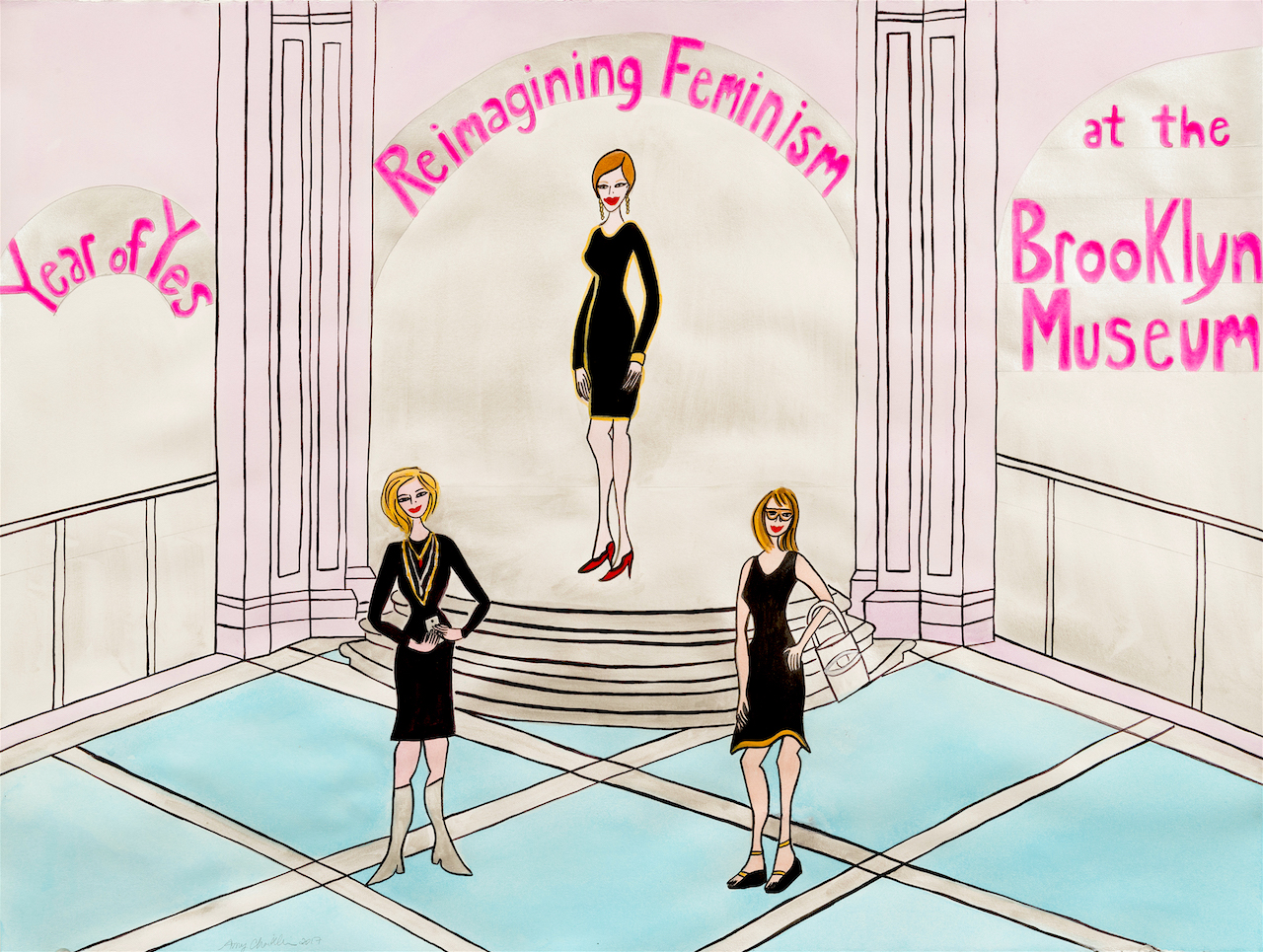 Brooklyn Museum: Anne Pasternak Director with Elizabeth A. Sackler Center for Feminist Art curators Catherine J. Morris and Carmen Hermo, ink on paper, 22 x 30 inches, 2017