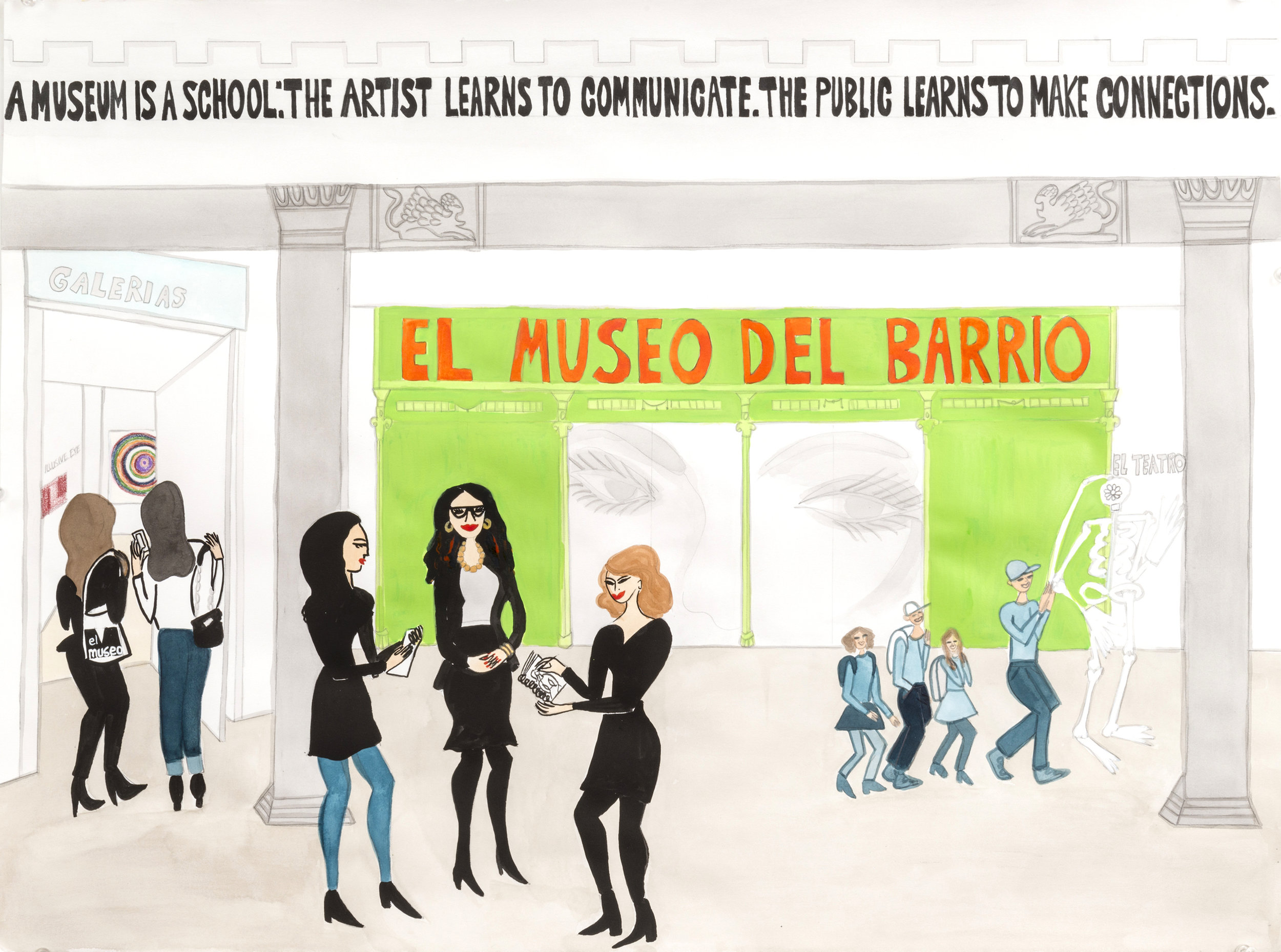 El Museuo Del Barrio: Curator Rocio Aranda-Alvarado with curatorial assistant Sofia Reeser, ink on paper, 22 x 30 inches, 2015