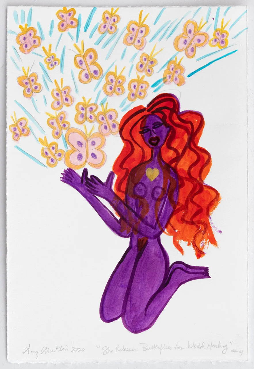 "She Releases Butterflies for World Healing" (2020), ink & colored pencils on paper, 11 x 7.5 inches, 28 x 19cm