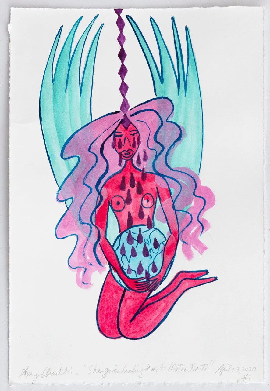 "She gives healing tears to Mother Earth", (2020) ink on paper, 11 x 7.5 inches, 28 x  19 cm