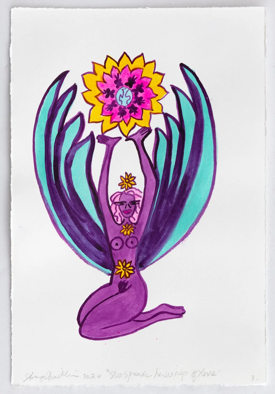 "She spreads her wings of Love", (2020) ink on paper, 11 x 7.5 inches, 28 x 19 cm