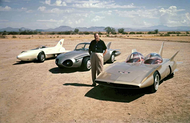 Legendary GM designer Harley Earl with Firebirds I-III