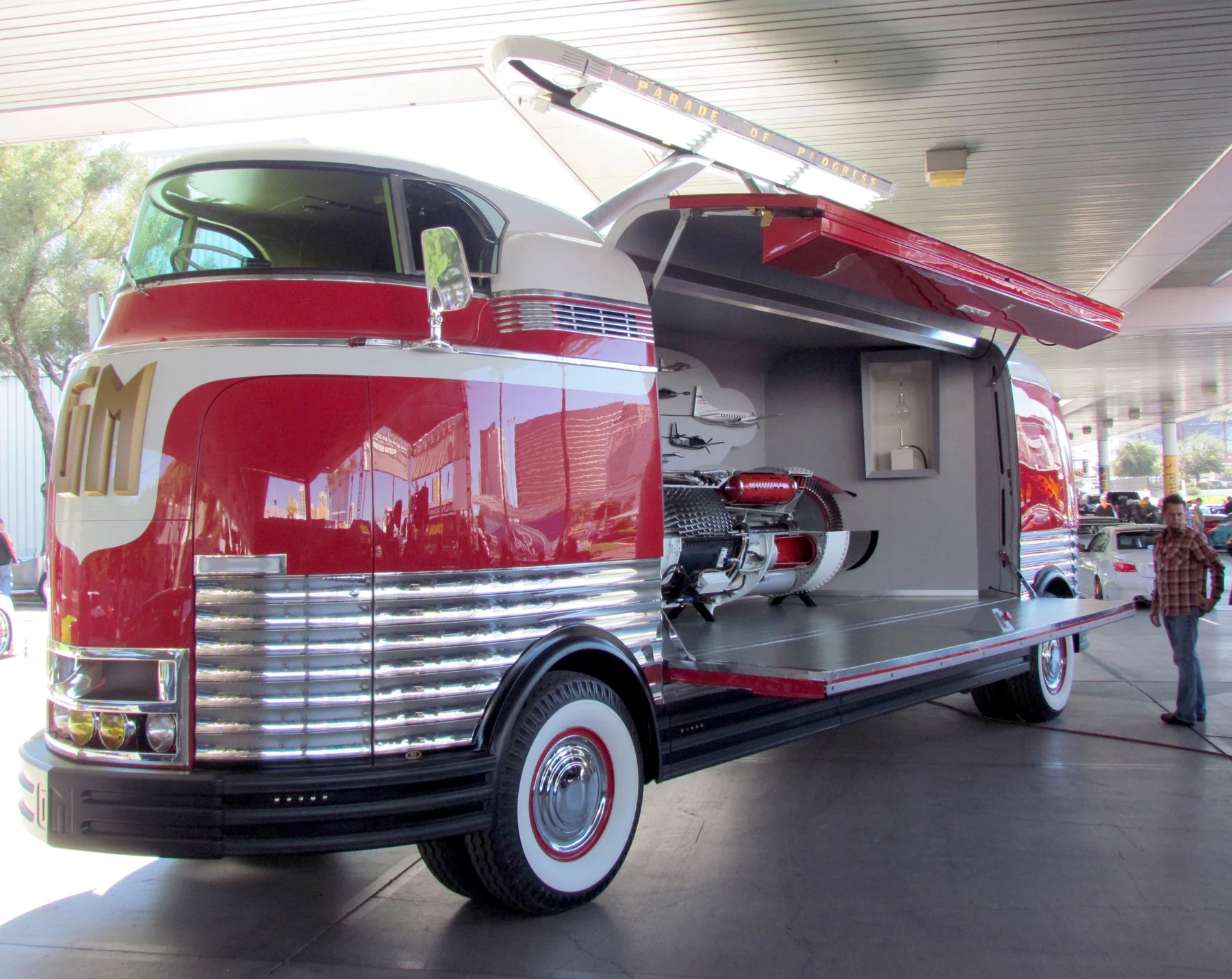 The massive doors on the Futurliner open to display a cutaway Allison jet engine.