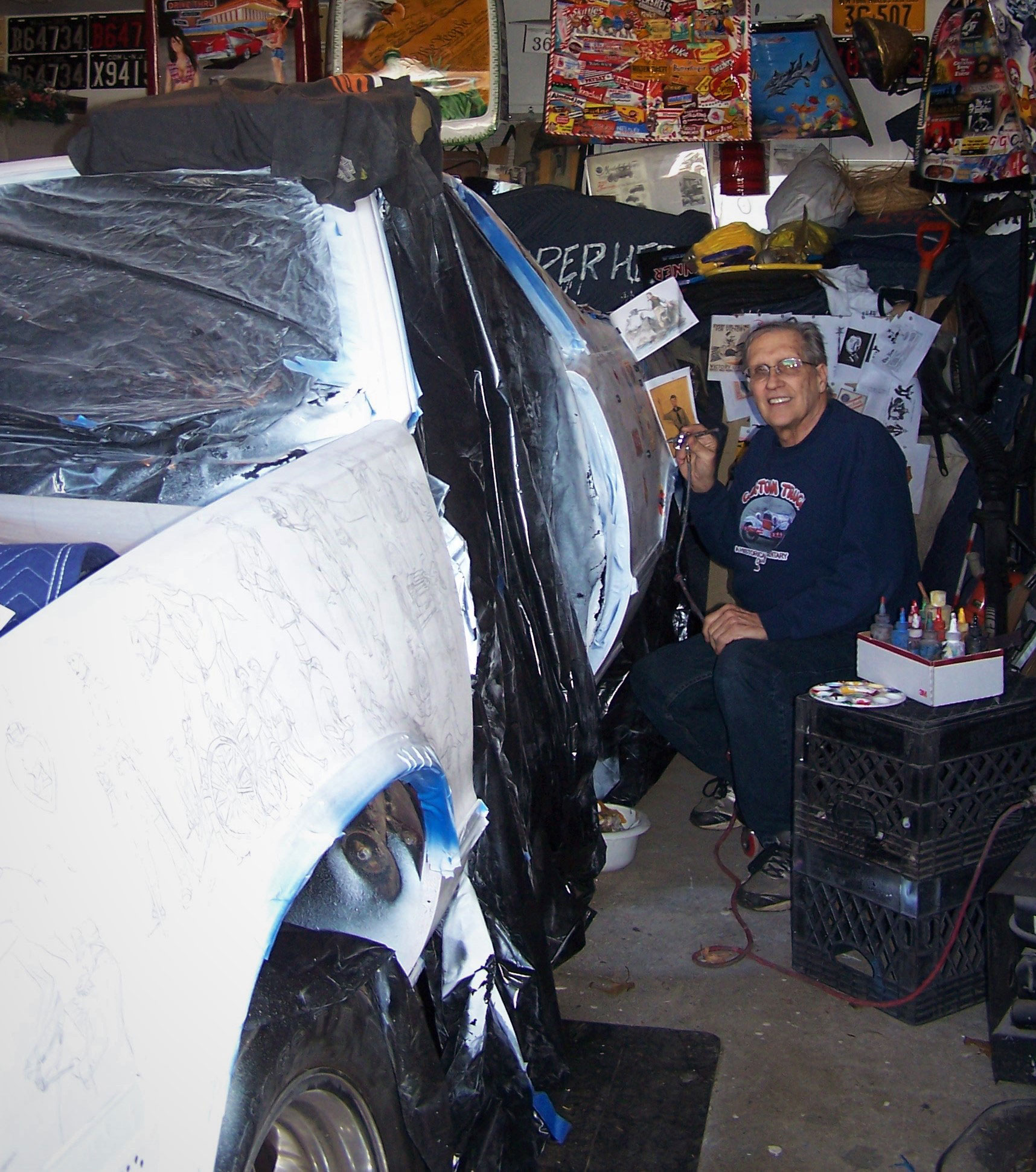 Robert Luczun working on his 1986 Chevrolet El Camino art car project.