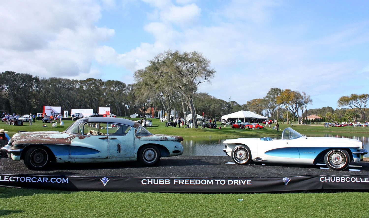The unrestored 1955 LaSalle sedan, left, and the restored 1955 lasalle roadster, right, at the Amelia Island Concours.