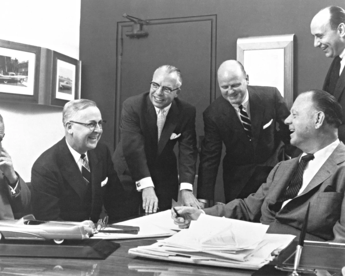 GM designers including Bill Mitchell and Harley Earl enjoy a moment of laughter.