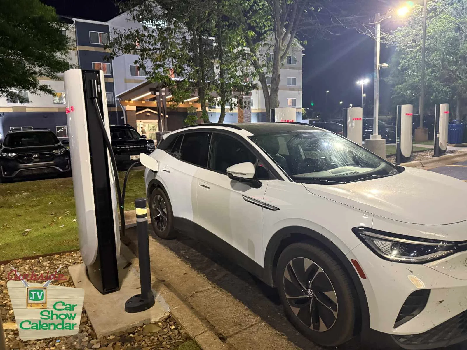 A group of Tesla chargers conveniently located near a hotel and Cracker Barrel - score