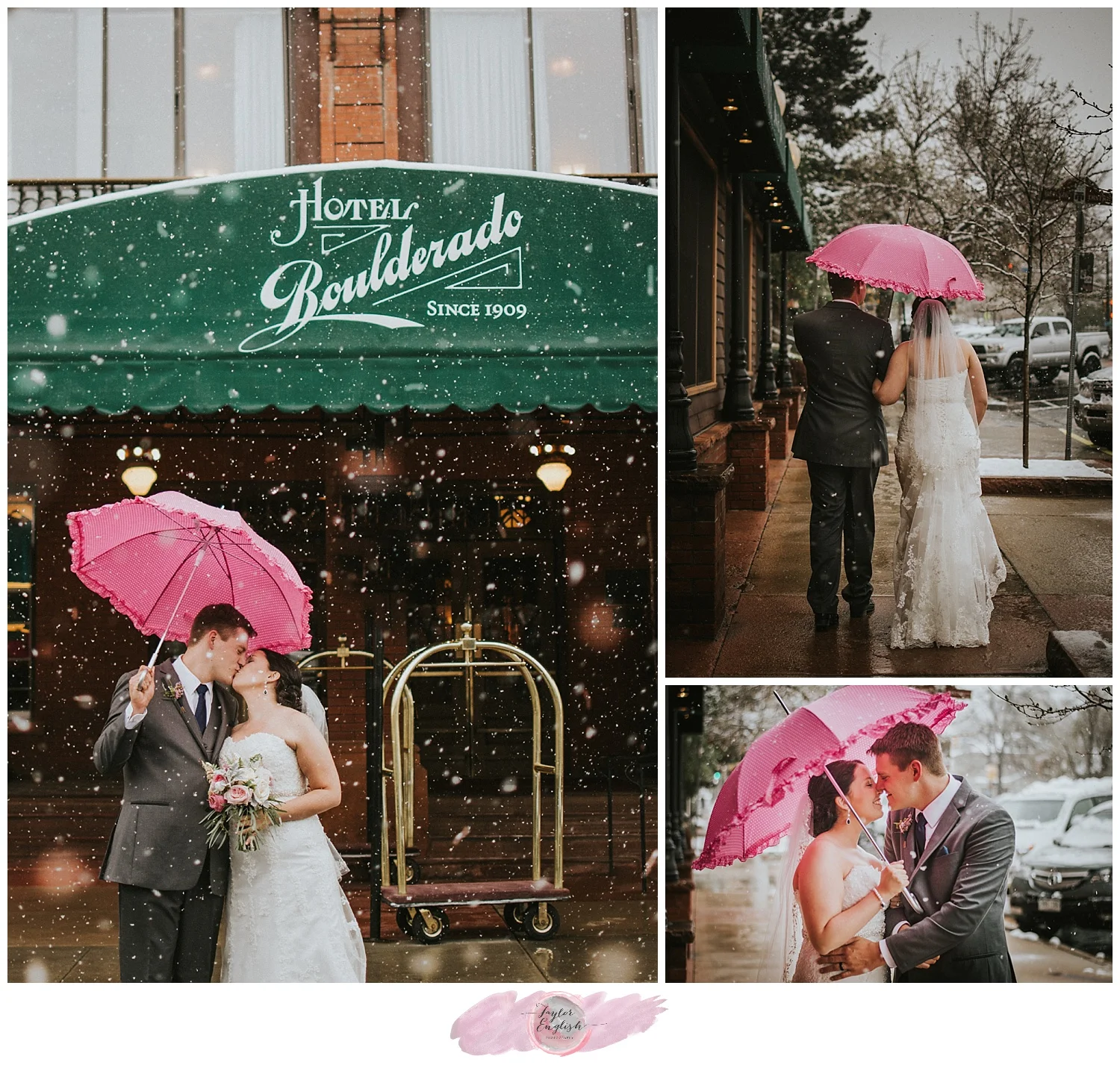 Giant snowflakes, pink frilly umbrellas, and a new husband and wife