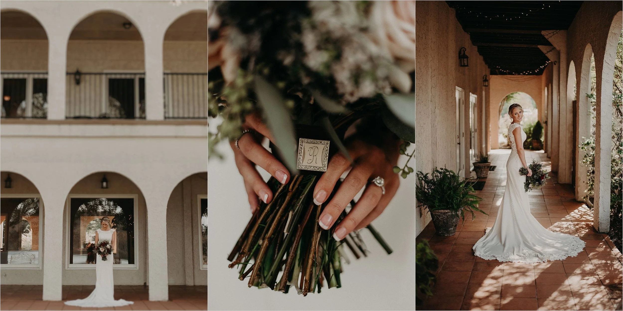 Bridal portraits in arches of villa at Tennessee Riverplace