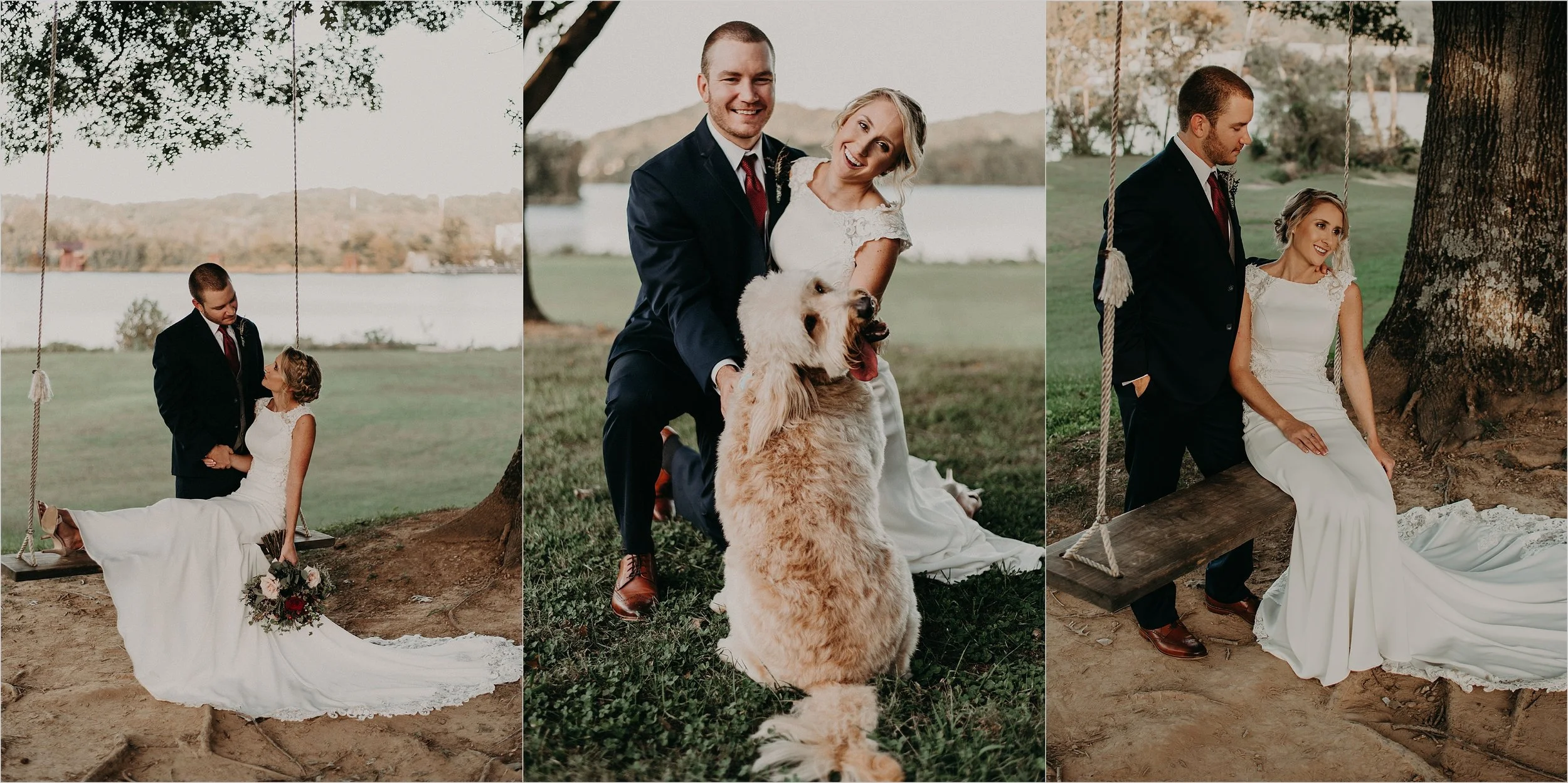 Bride and groom swing together next to Tennessee River