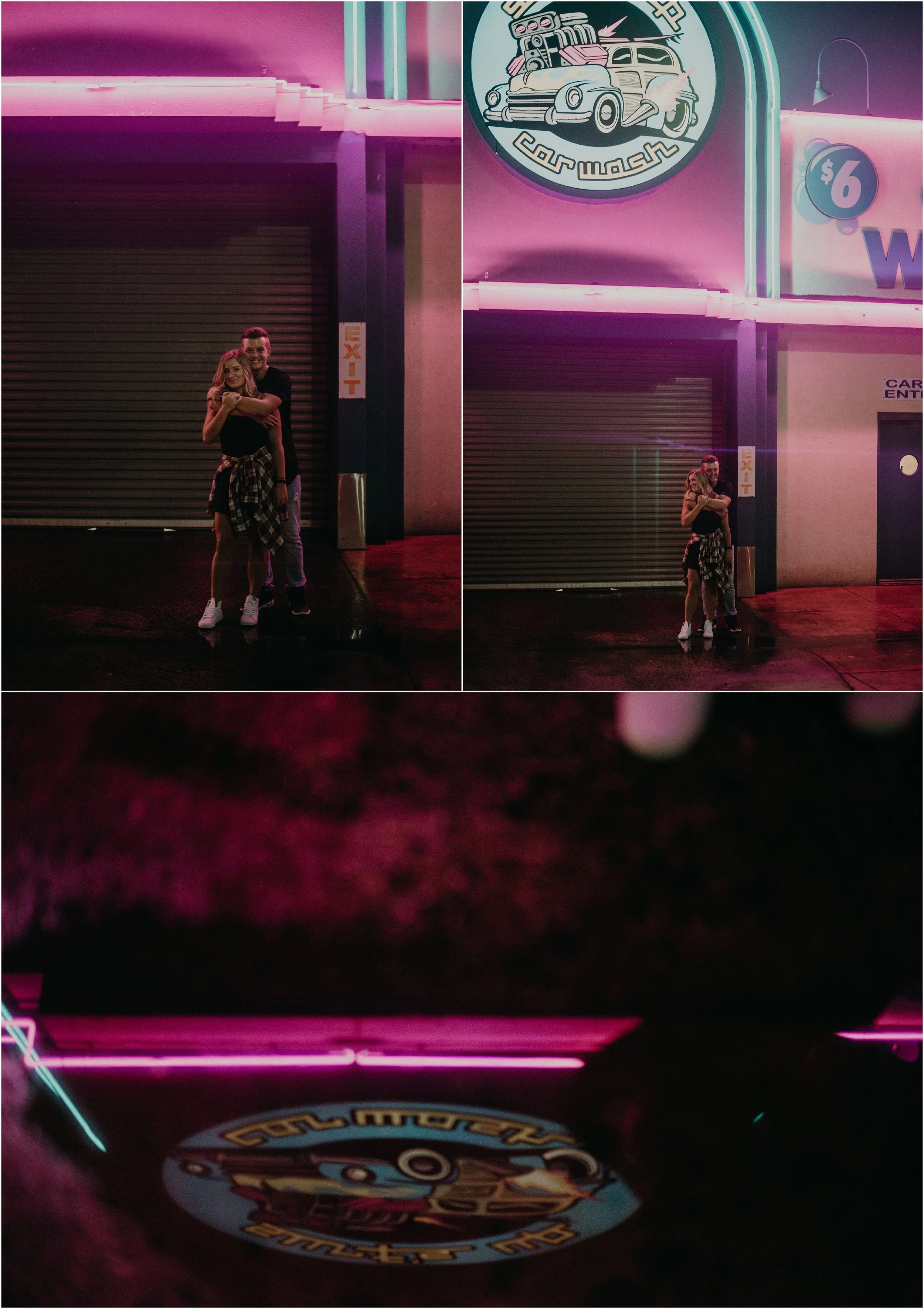 Love story photo session with the neon lights of a local car wash in Chattanooga, Tennessee
