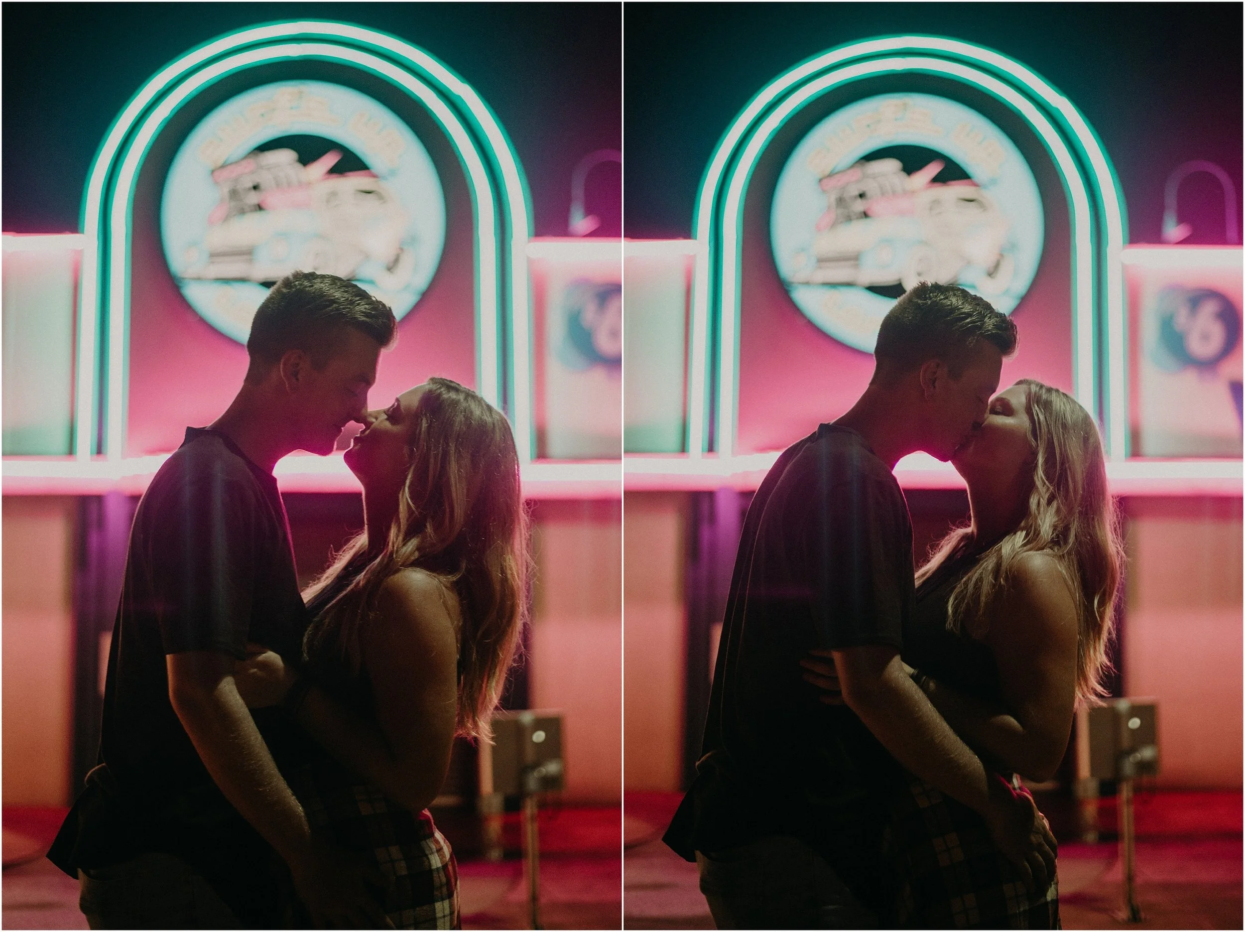 Couple shares a kiss in front of neon lights of Surf's Up Car Wash in Chattanooga, Tennessee