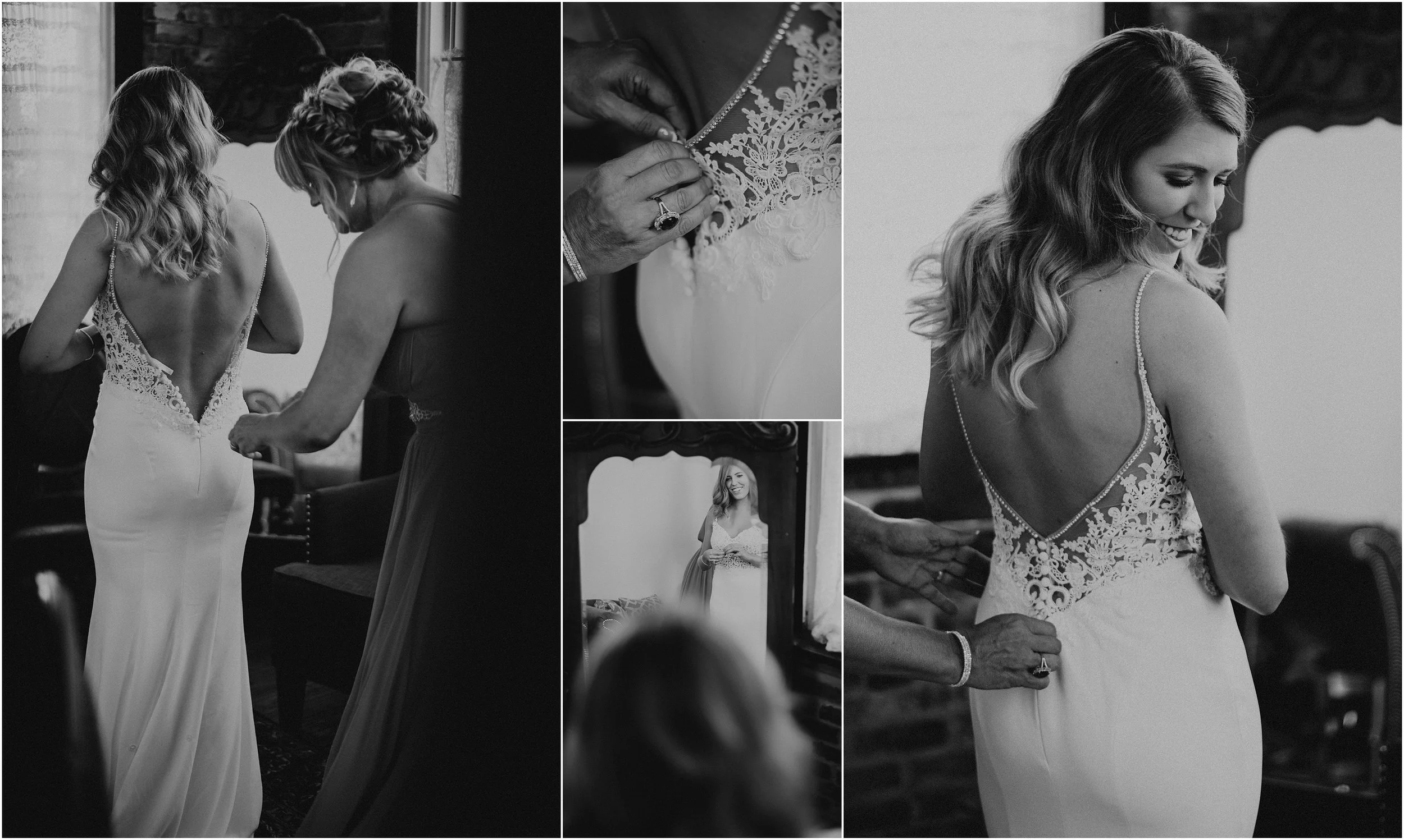 Mother of the bride helps her daughter get dressed on her wedding day