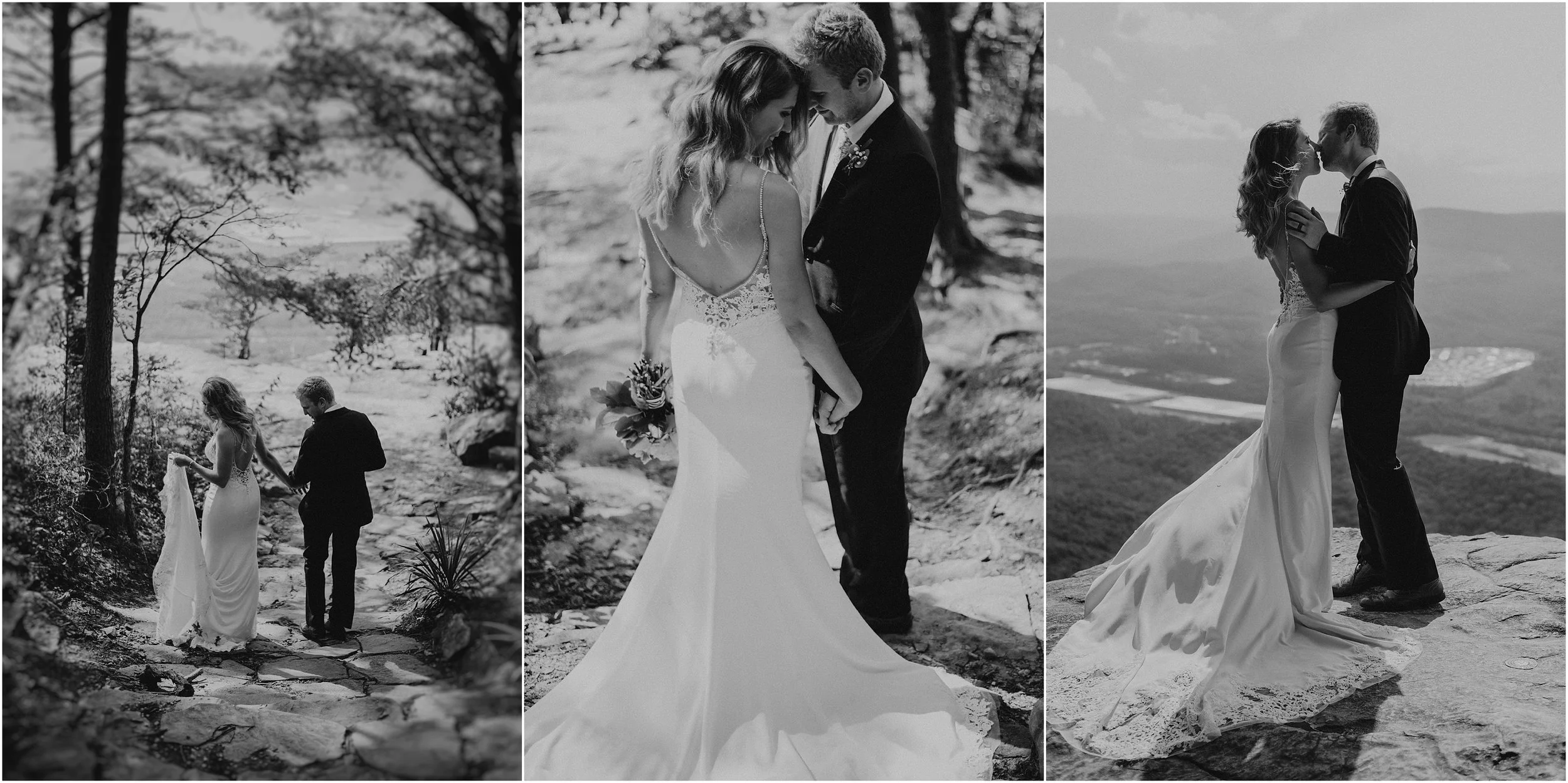Bride and groom walk hand in hand to the edge of Sunset Rock