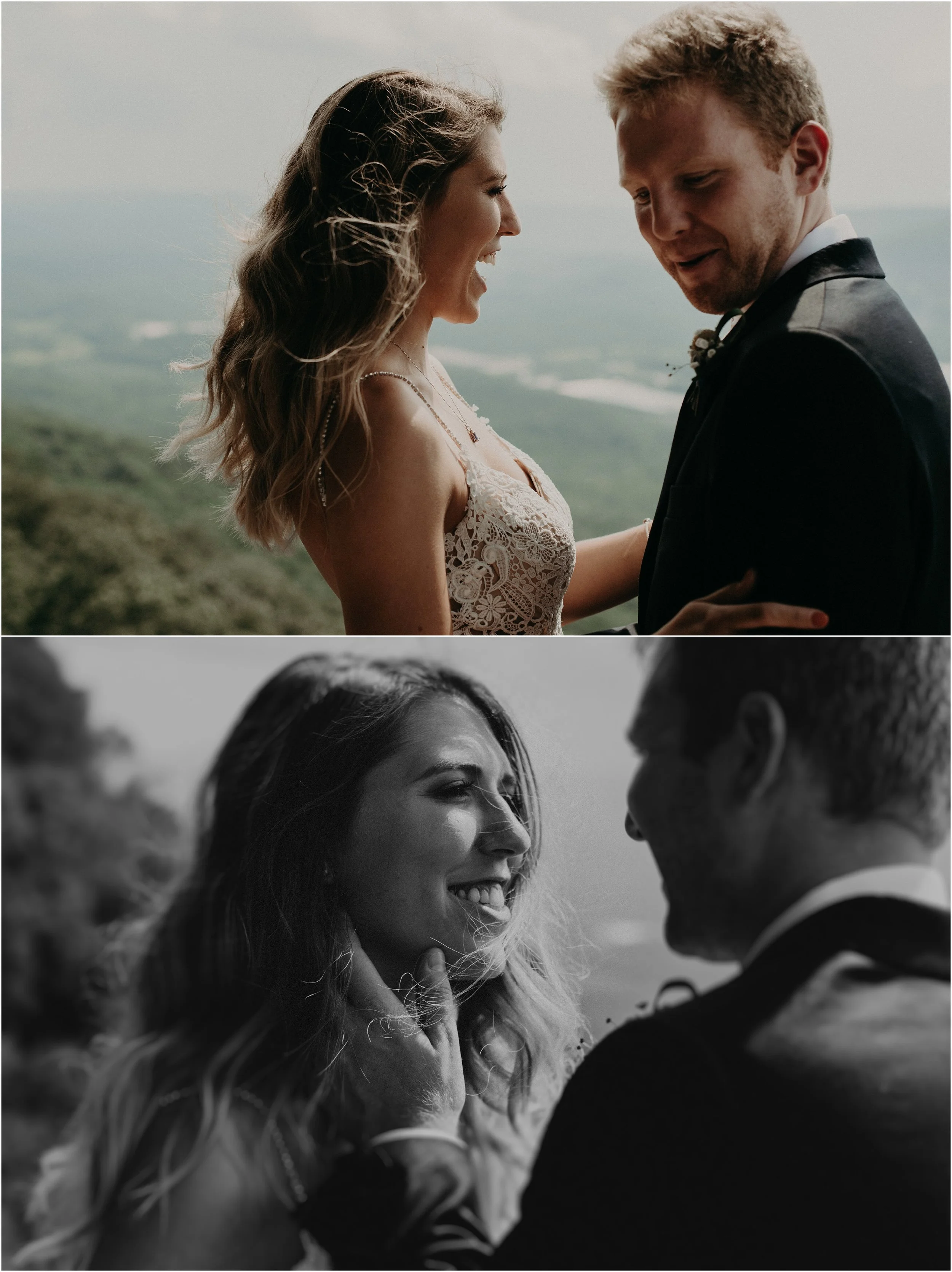Bride and groom share joyful moments on a mountaintop in Chattanooga, Tennessee