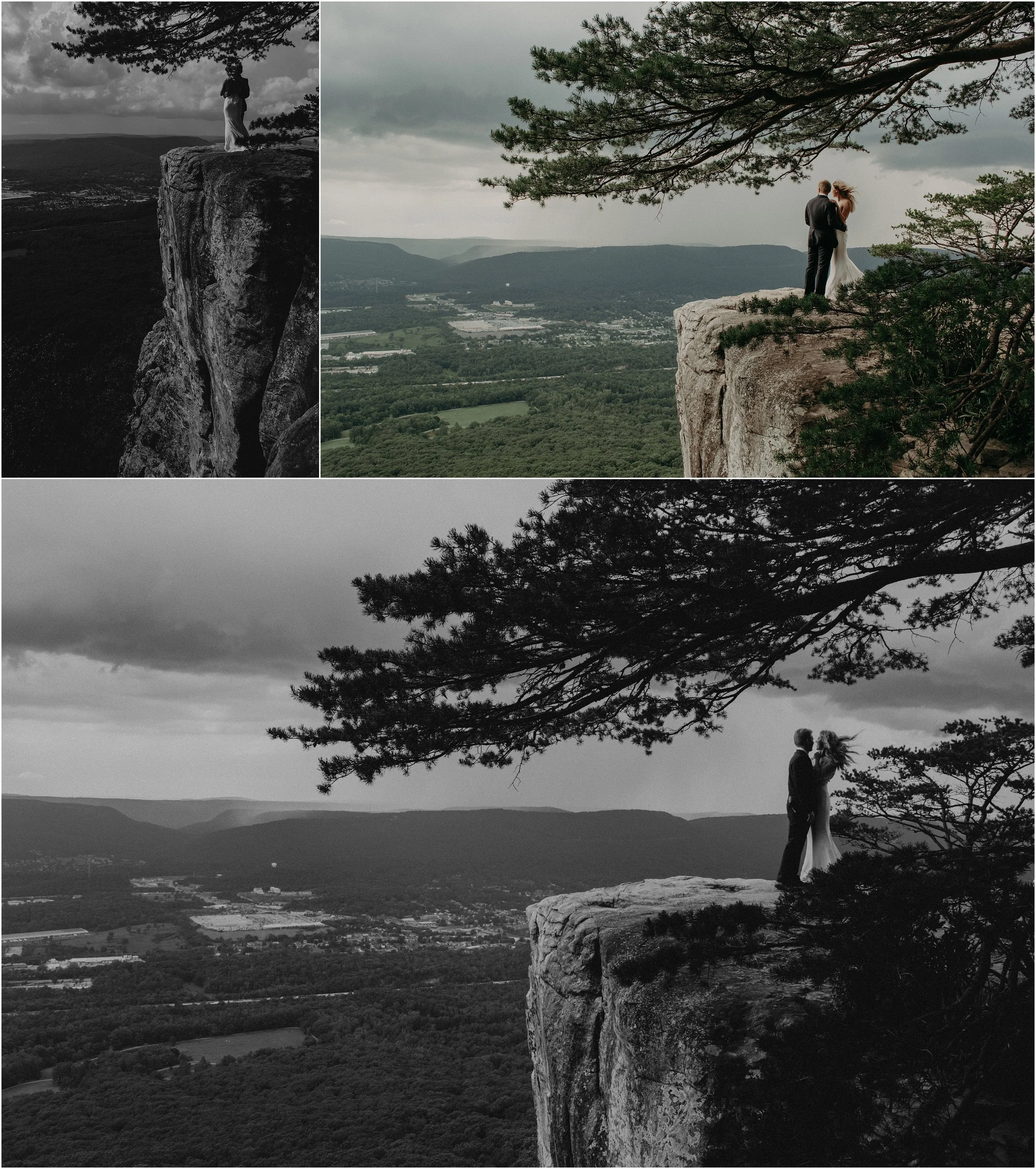 Cliffside portraits of bride and groom on Sunset Rock in Chattanooga, Tennessee