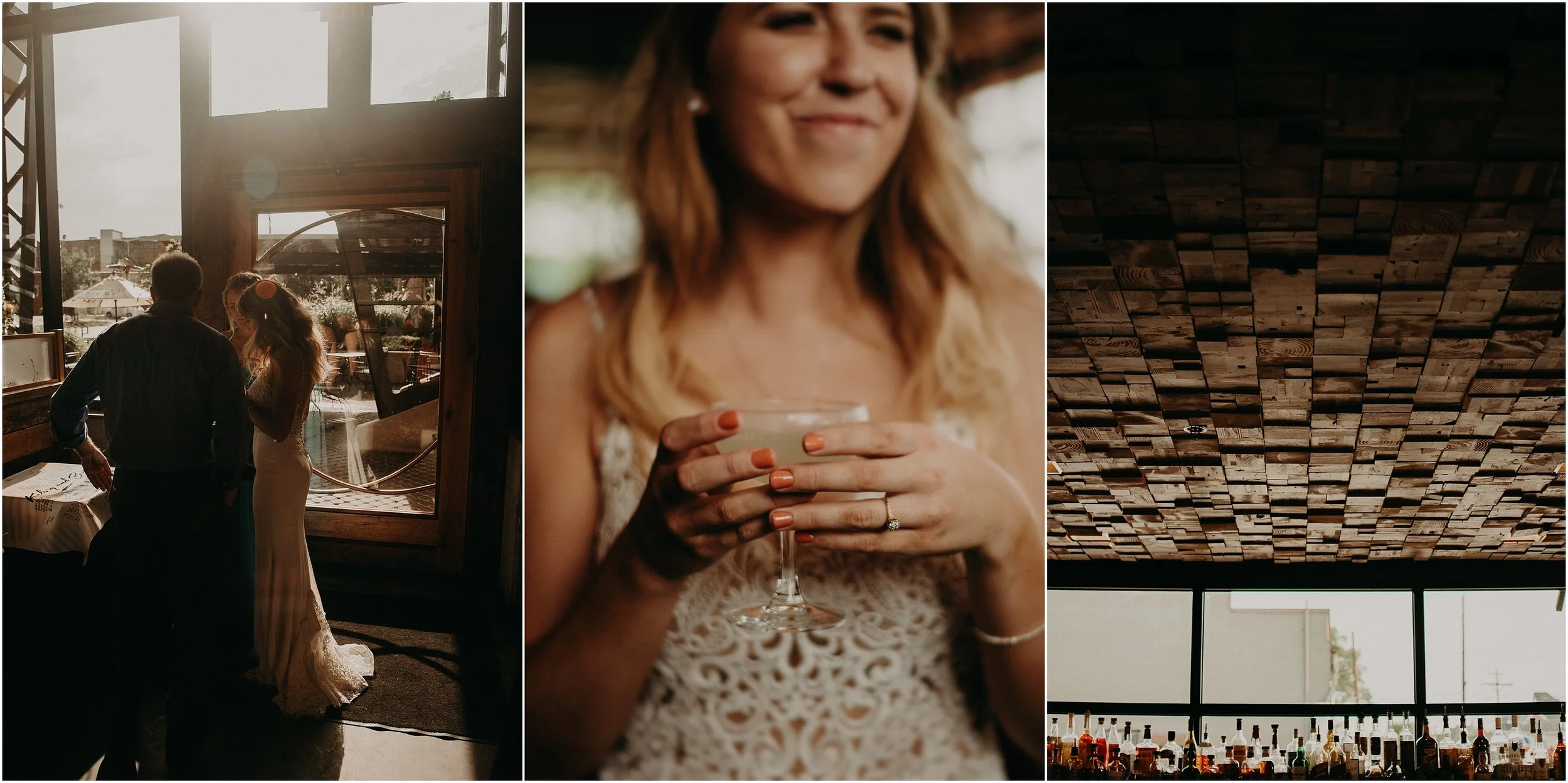 The bride drinks a cocktail at her wedding reception at the Flying Squirrel Bar