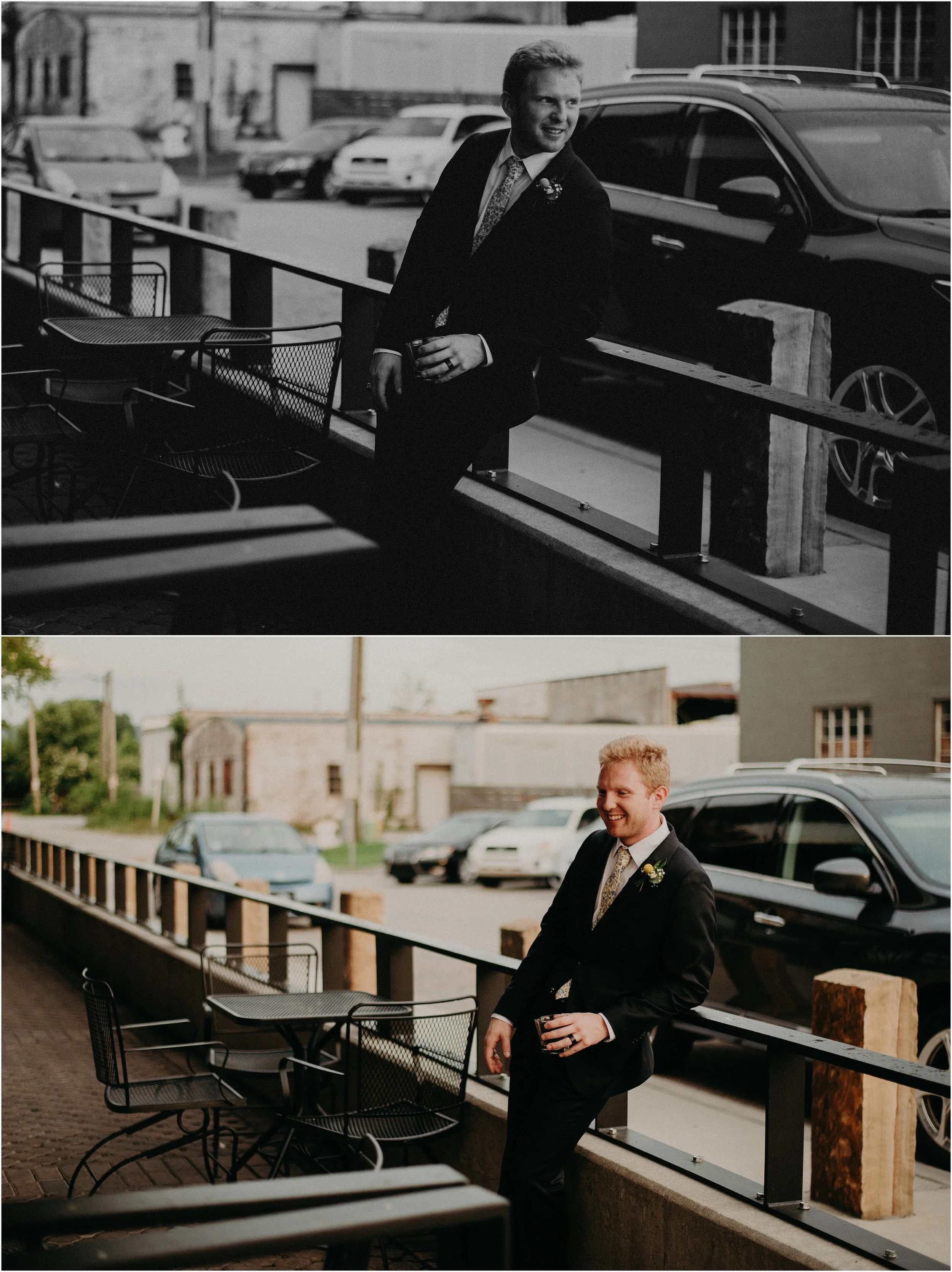 The groom sips on a cocktail outside of his wedding reception