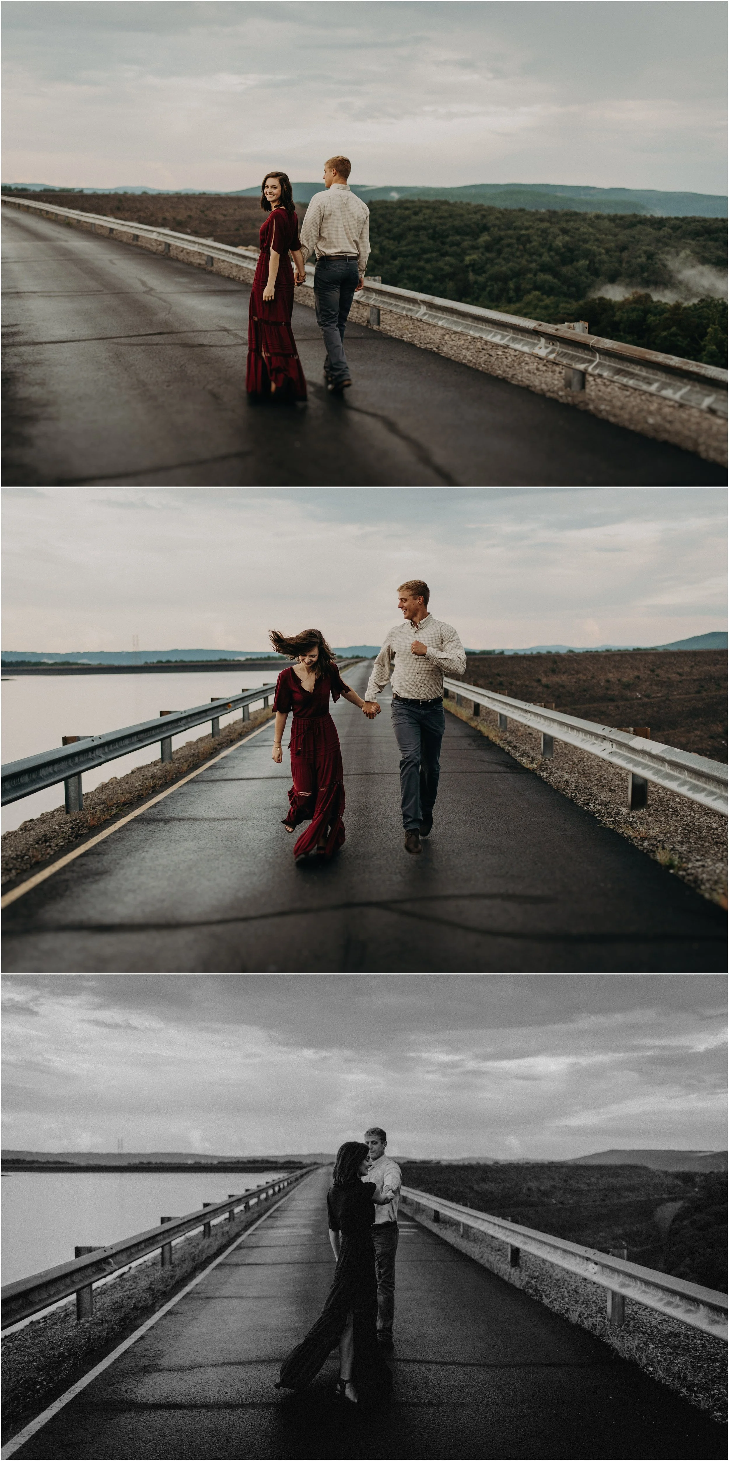 Couple dances in the middle of the road atop the Raccoon Mountain reservoir